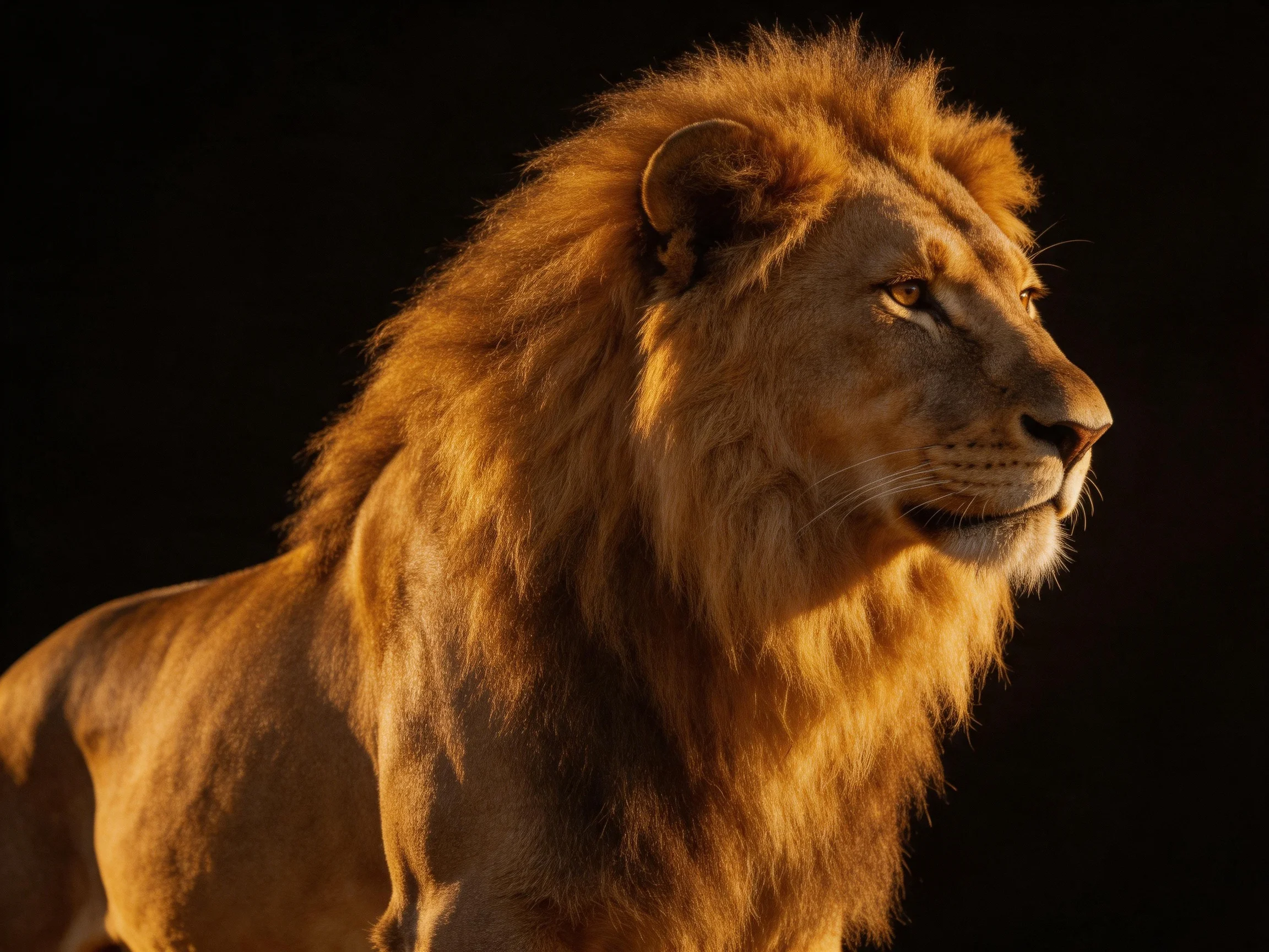 A majestic lion with a golden mane stands out against a dark background.