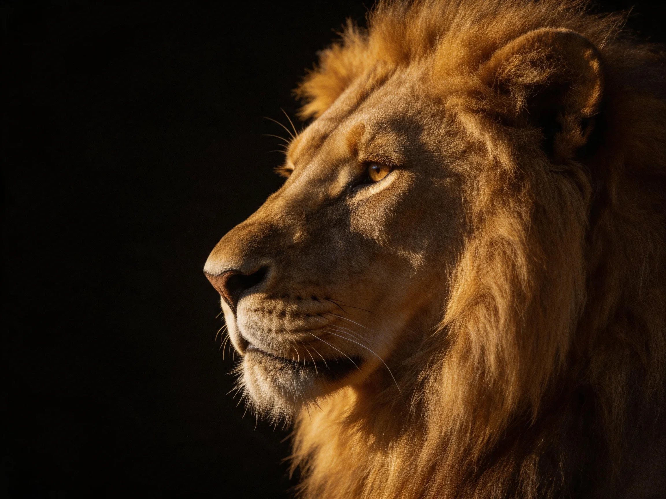 A close - up of a lion with a golden mane on a black background.