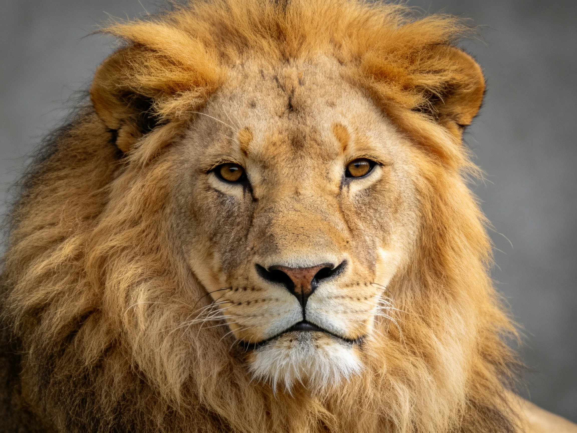 A close - up of a majestic lion with a thick mane on a neutral background.