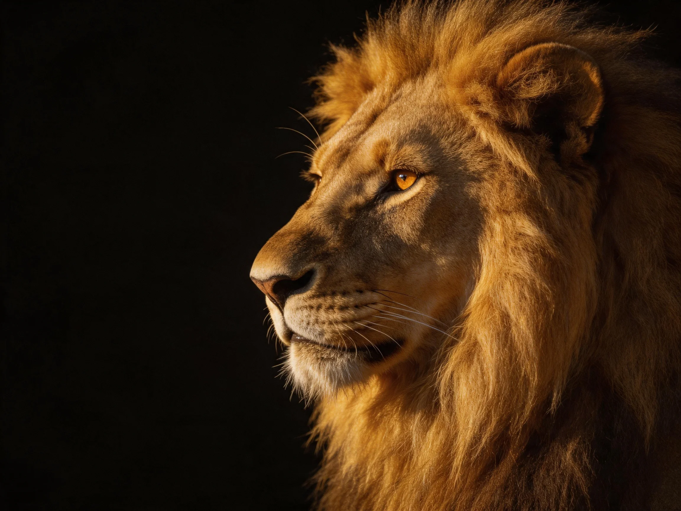 A majestic lion with a thick golden mane against a stark black backdrop