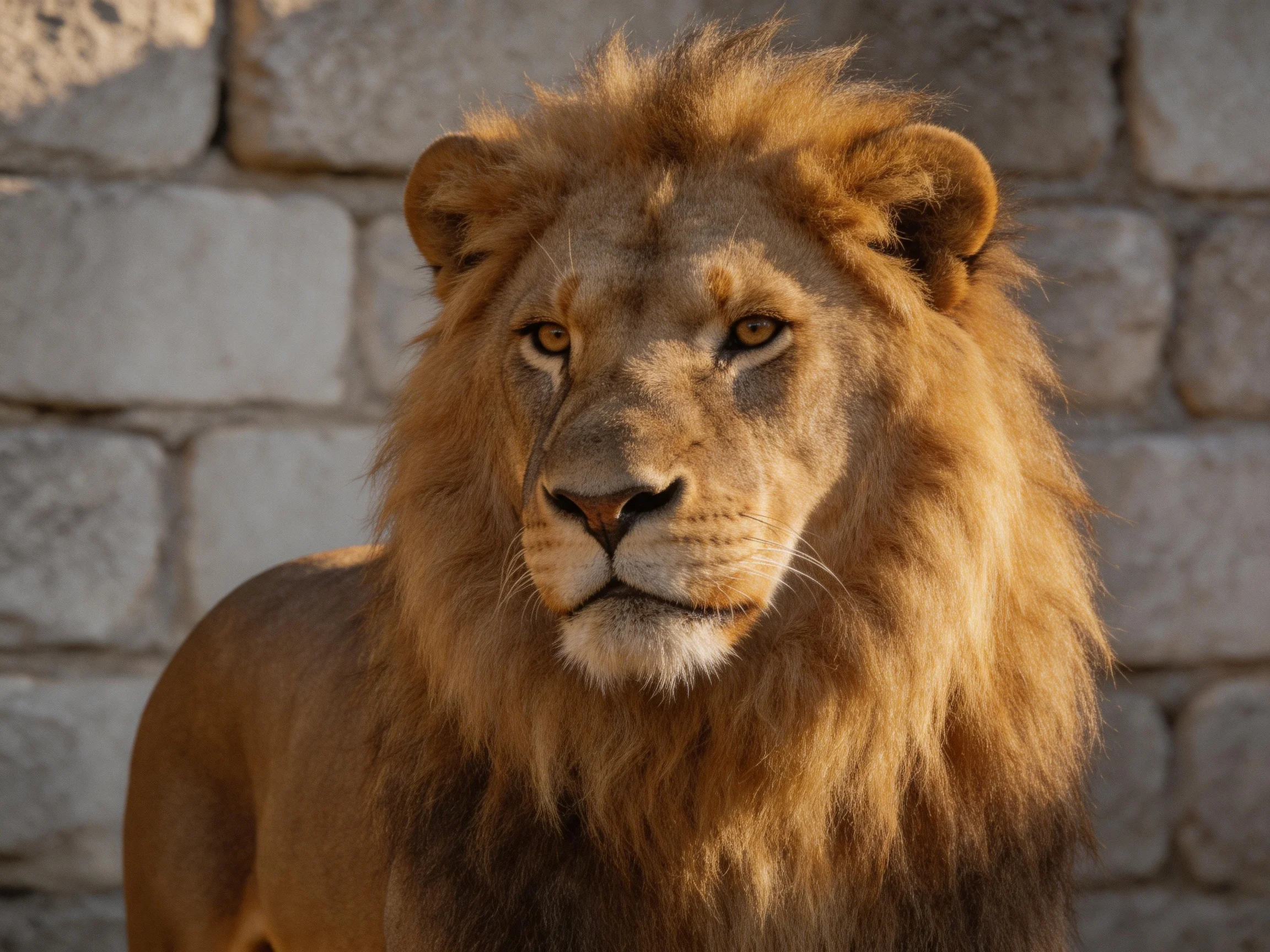 A majestic lion stands beside a stone wall.