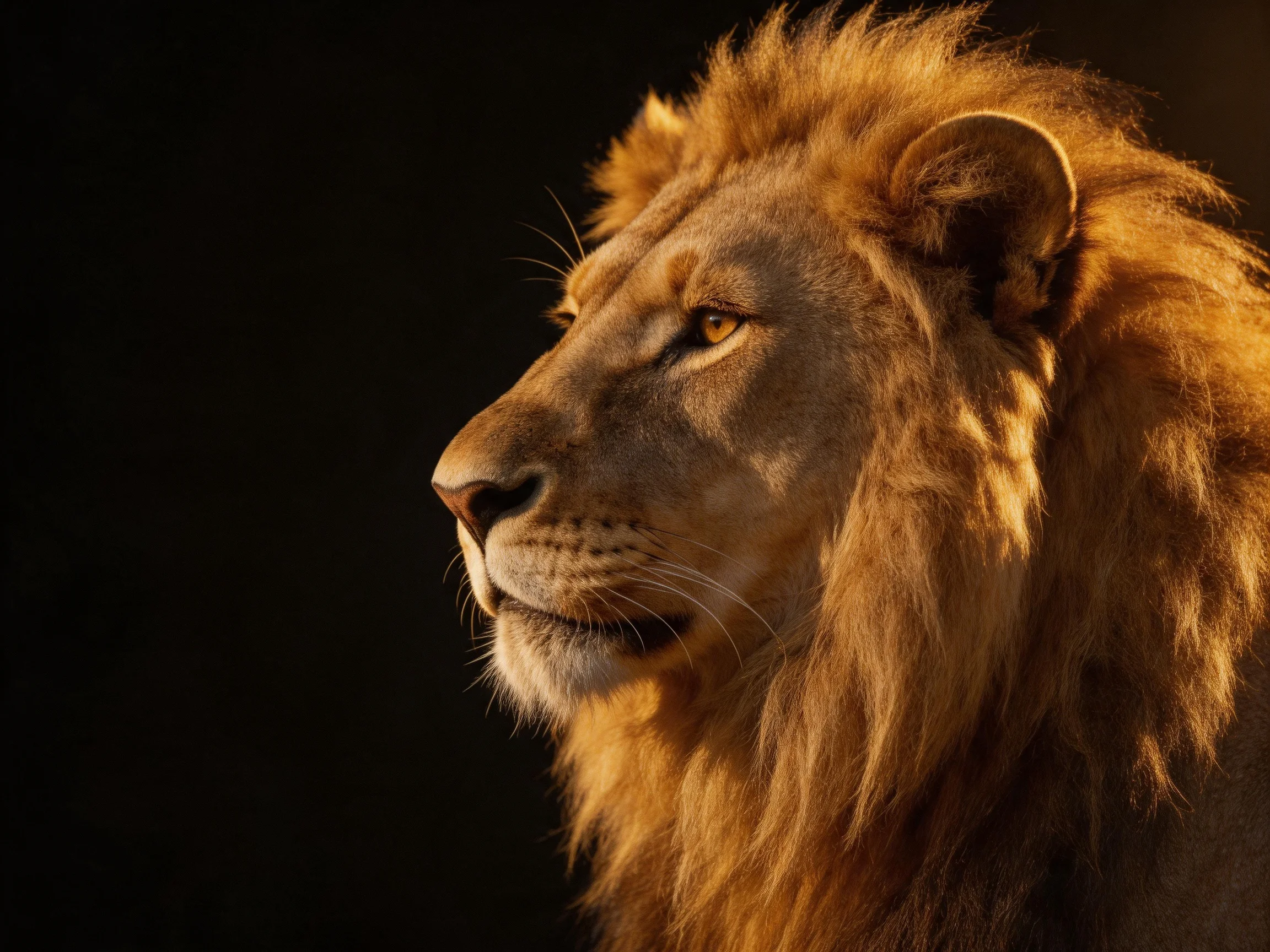 A lion with a thick mane is shown in profile against a dark background.