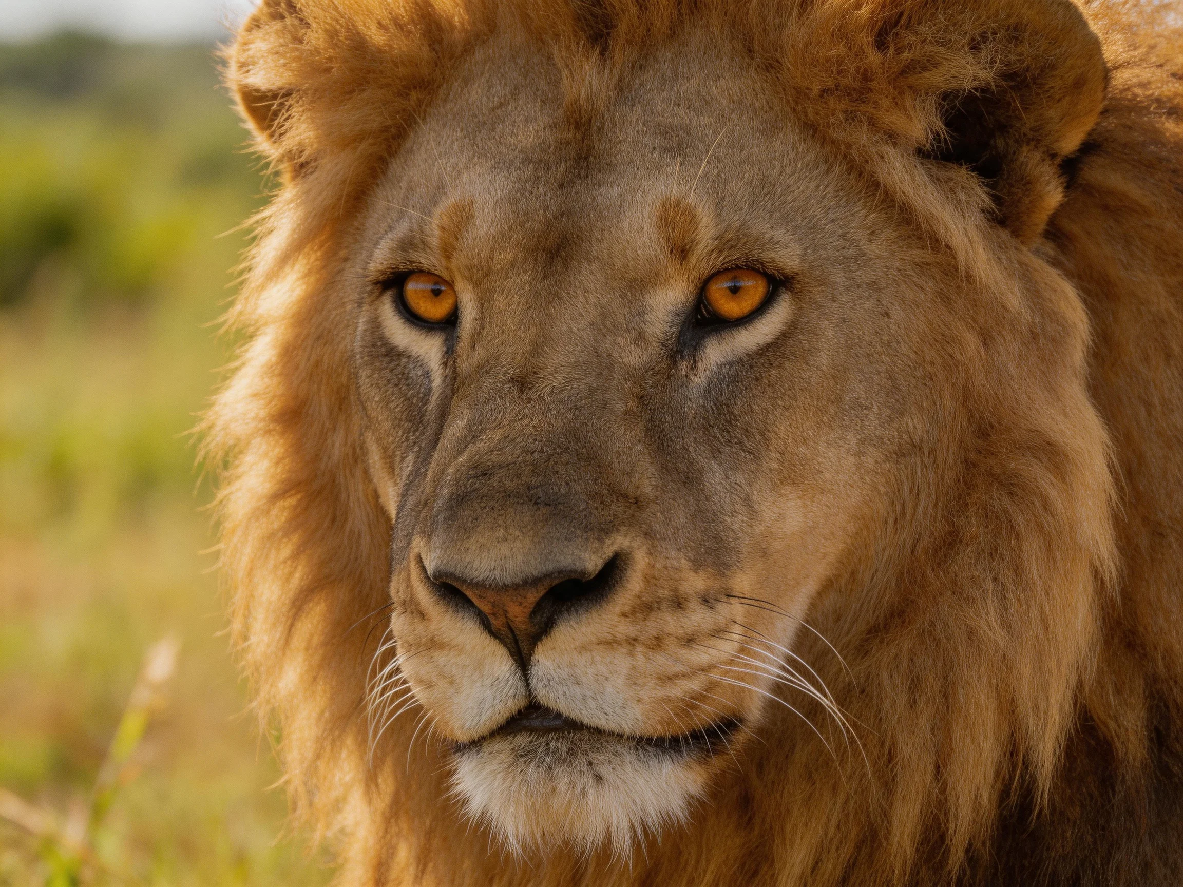 A close - up of a lion with a golden mane in a natural savannah setting.