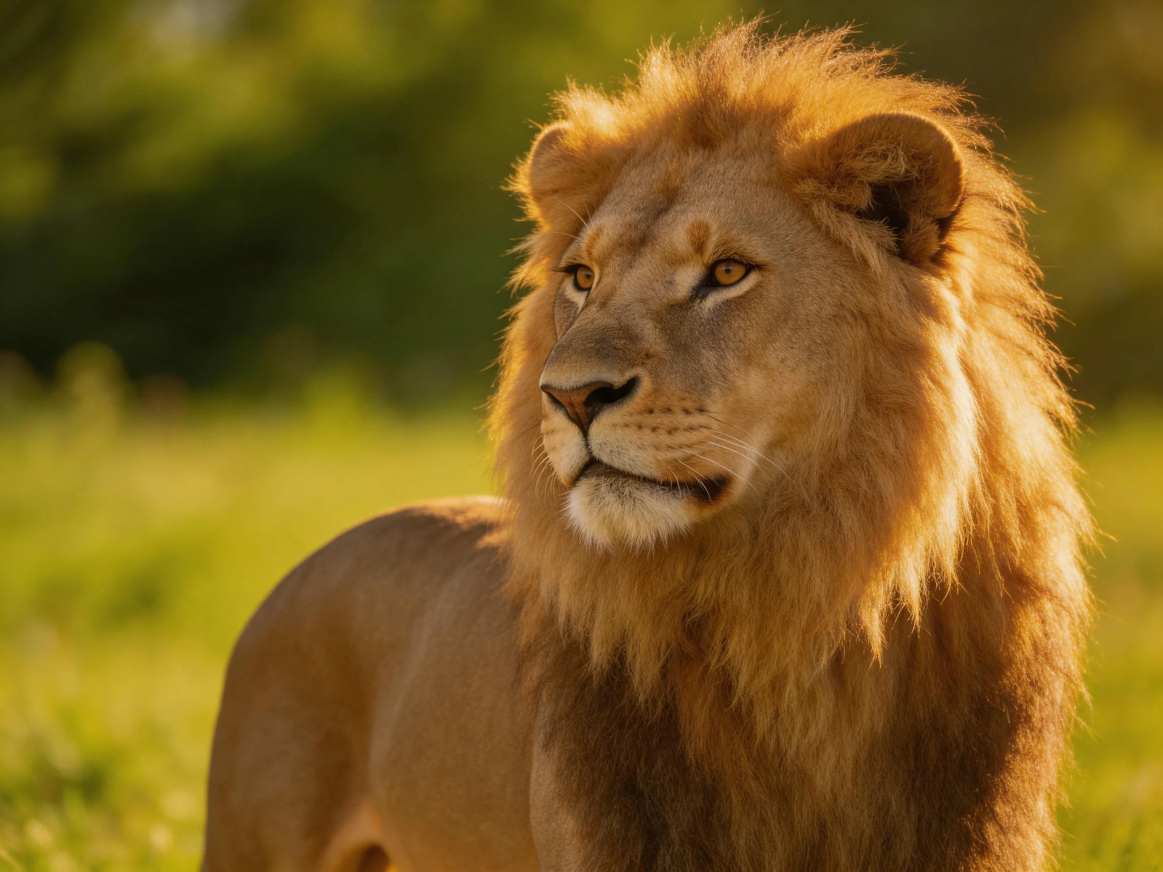 A lion with a golden mane stands in a sunlit natural setting.