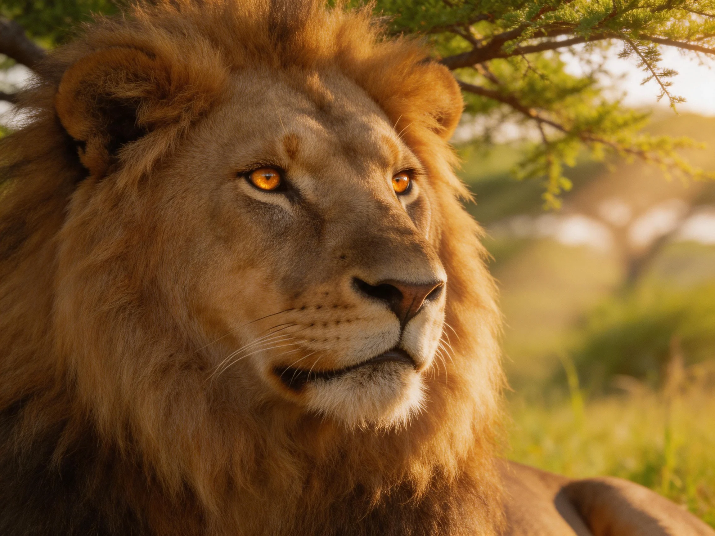 A majestic lion rests in a sunlit savannah landscape.