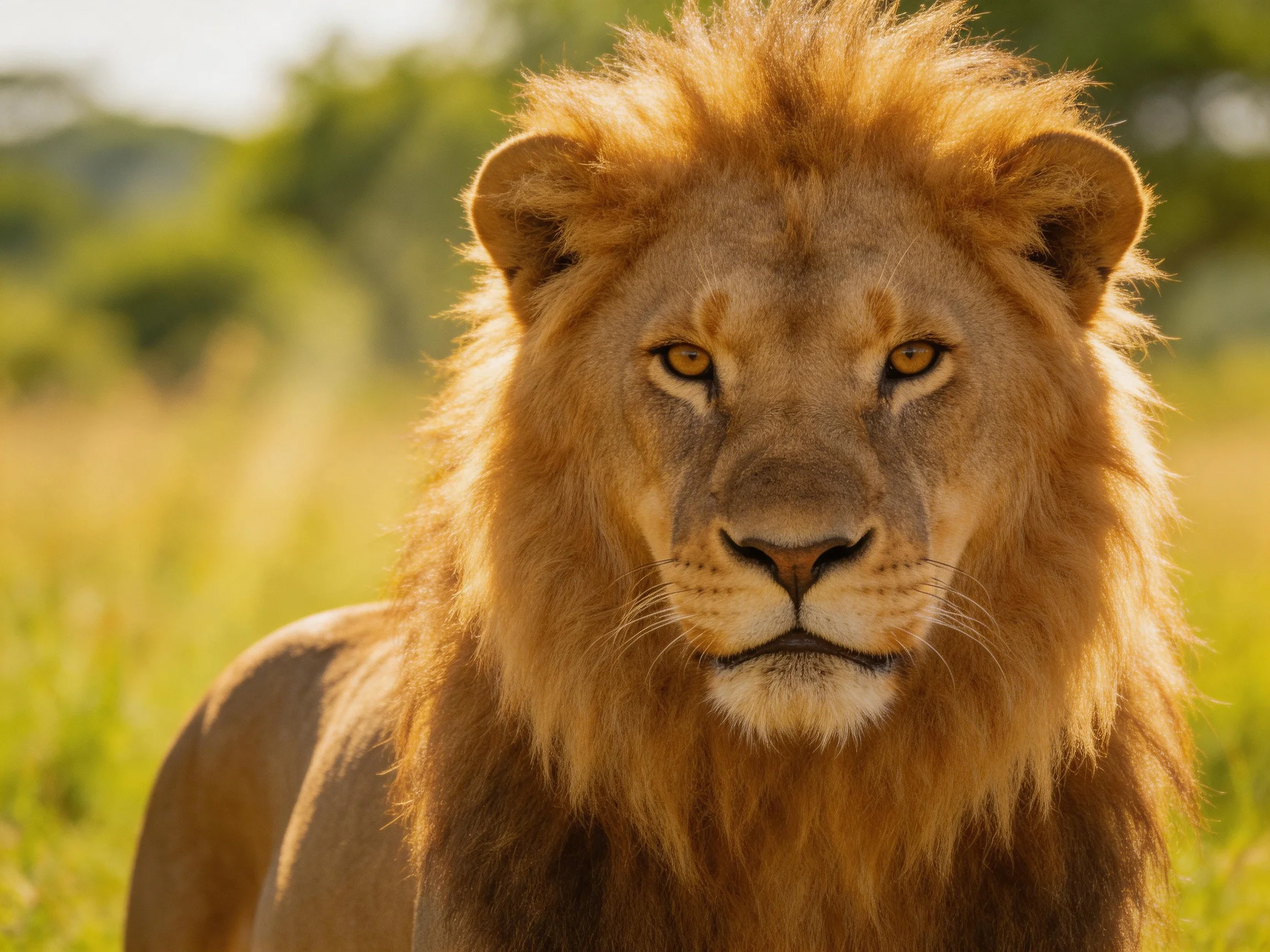 A close - up of a lion with a thick mane in a sunlit natural landscape.