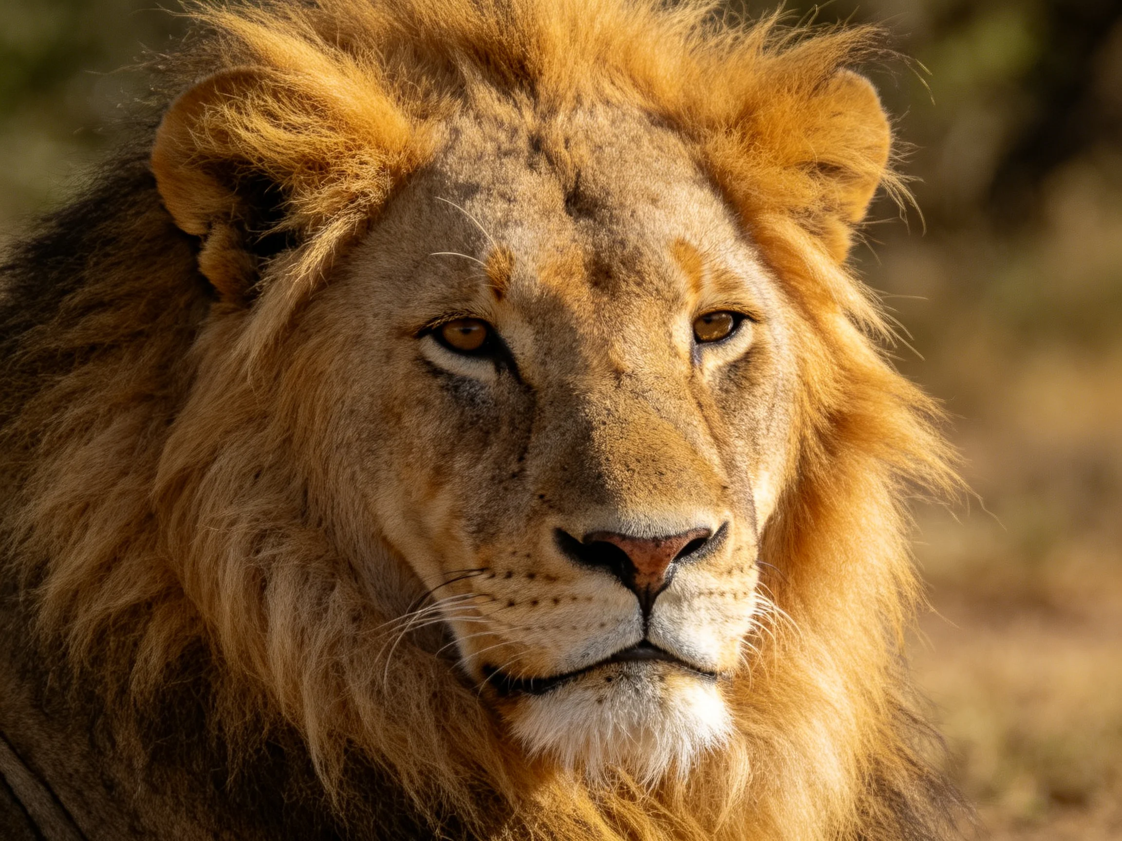 A close - up of a lion with a thick golden mane in a natural setting.