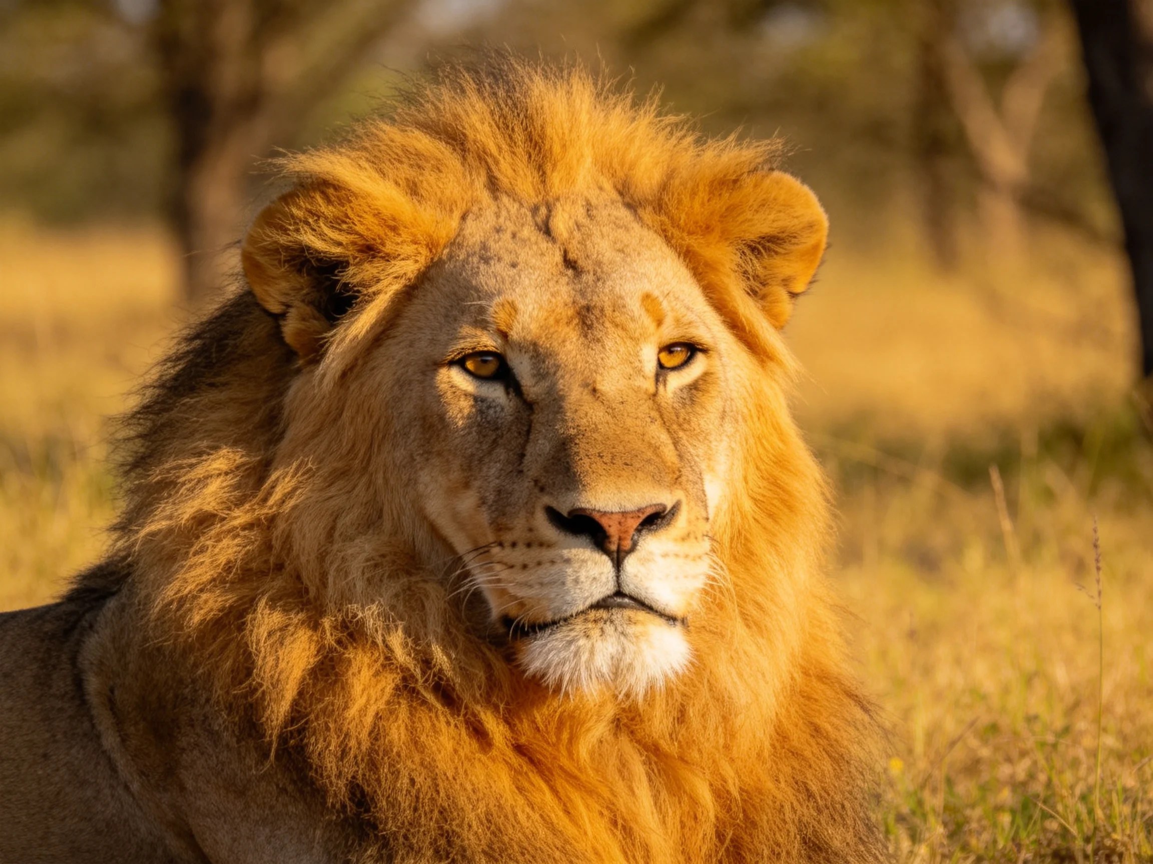 A majestic lion rests in the sunlit savannah with a thick golden mane.