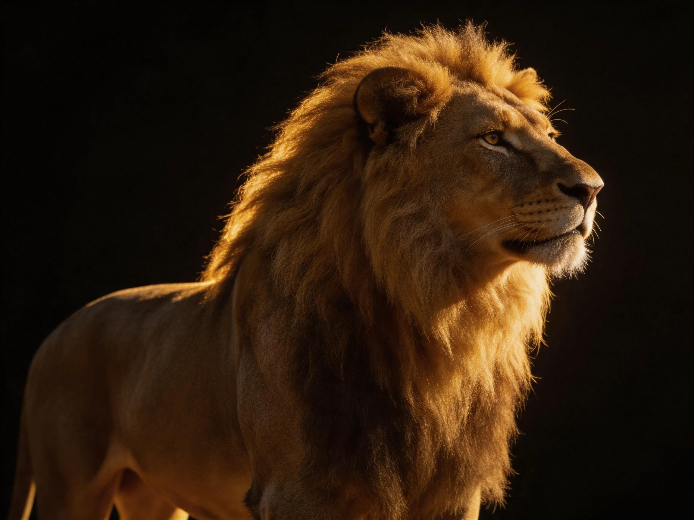 A lion with a thick golden mane stands out against a dark background.