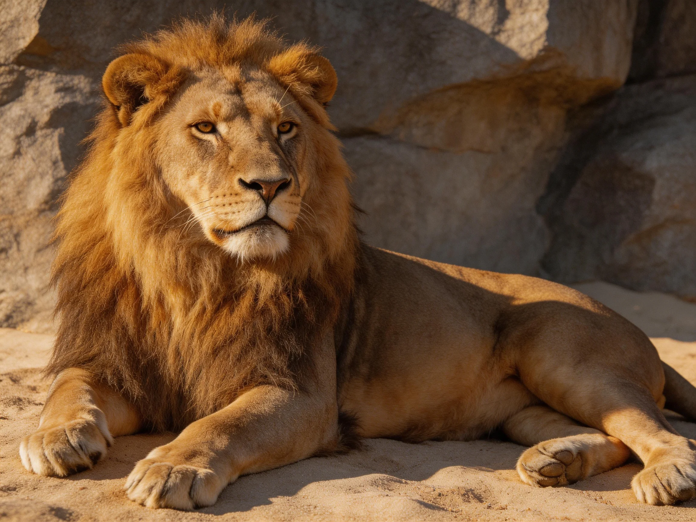 A lion rests calmly on sandy ground beside large stone structures.