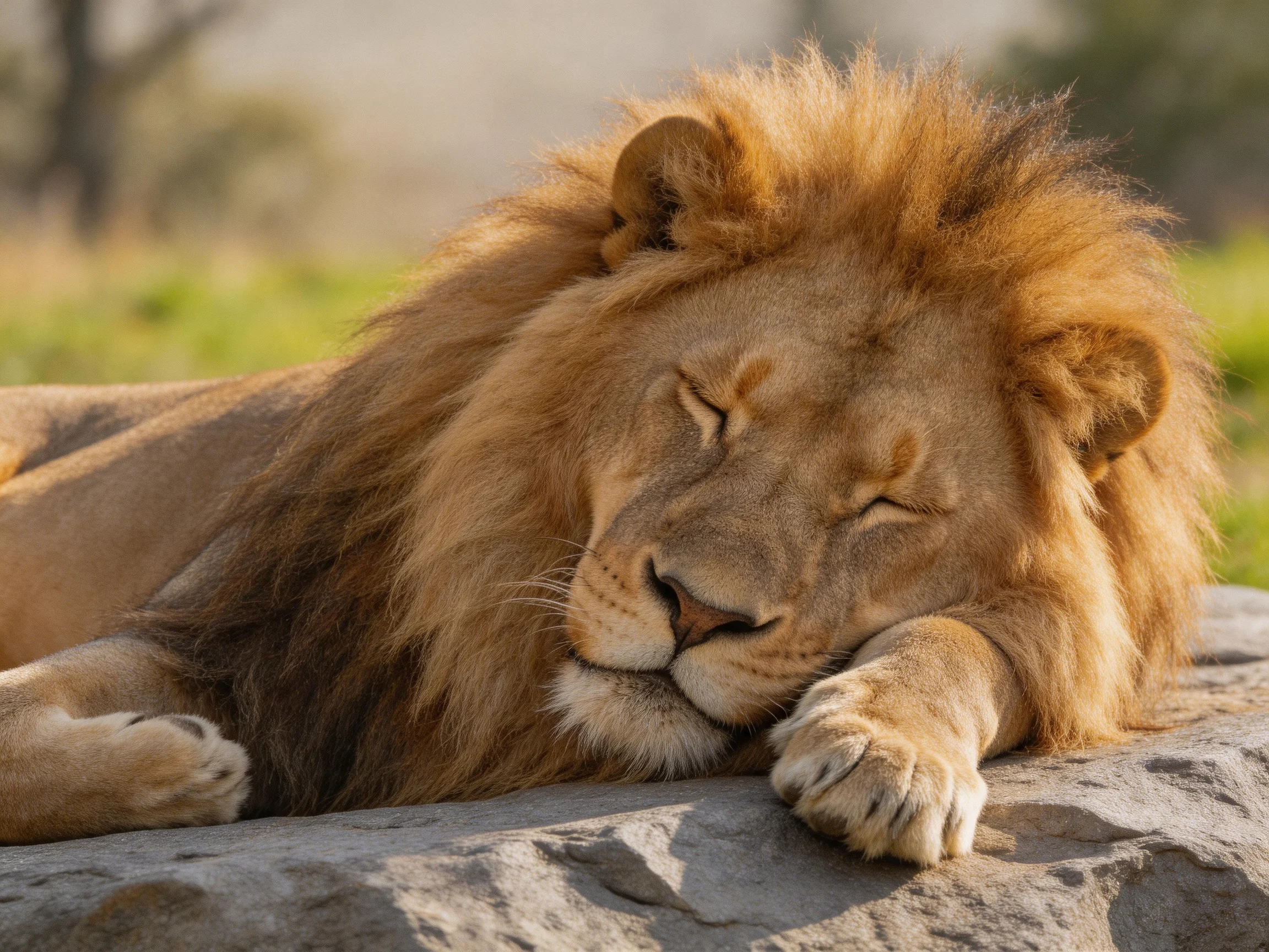A lion with closed eyes naps on a rock in a sunlit outdoor area.