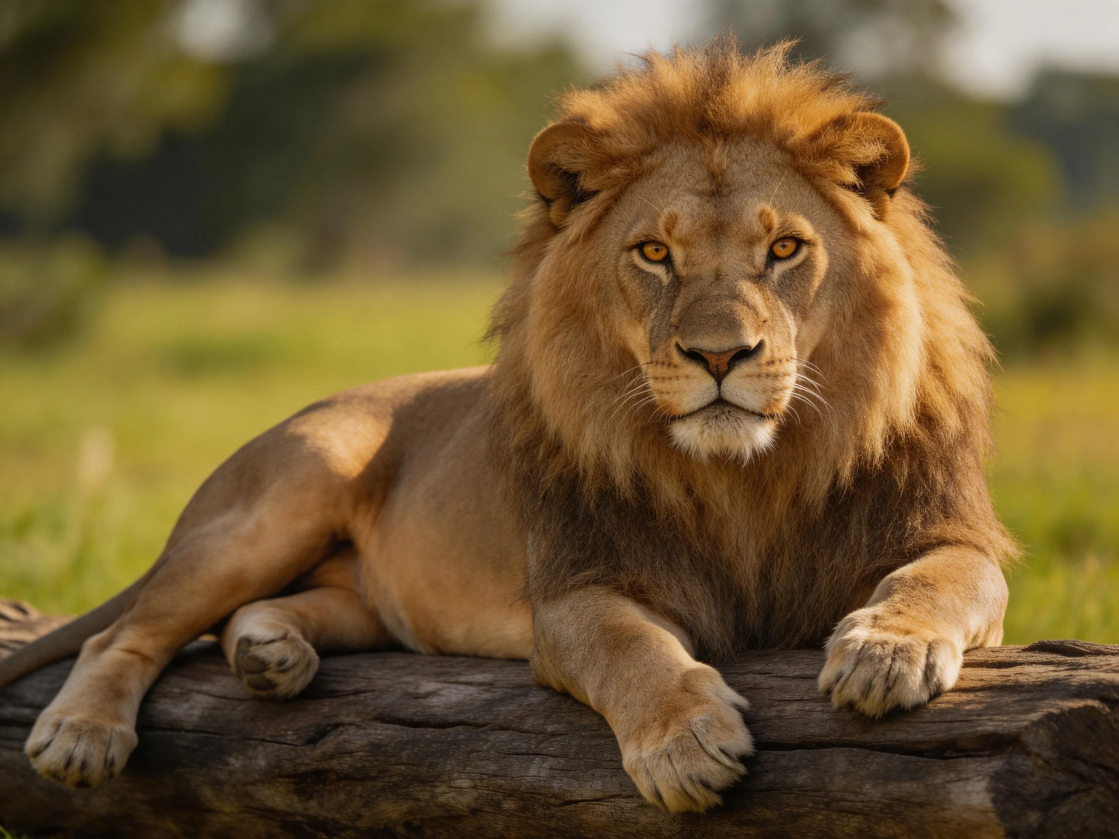 A lion with a thick golden mane rests on a log in a sunlit field