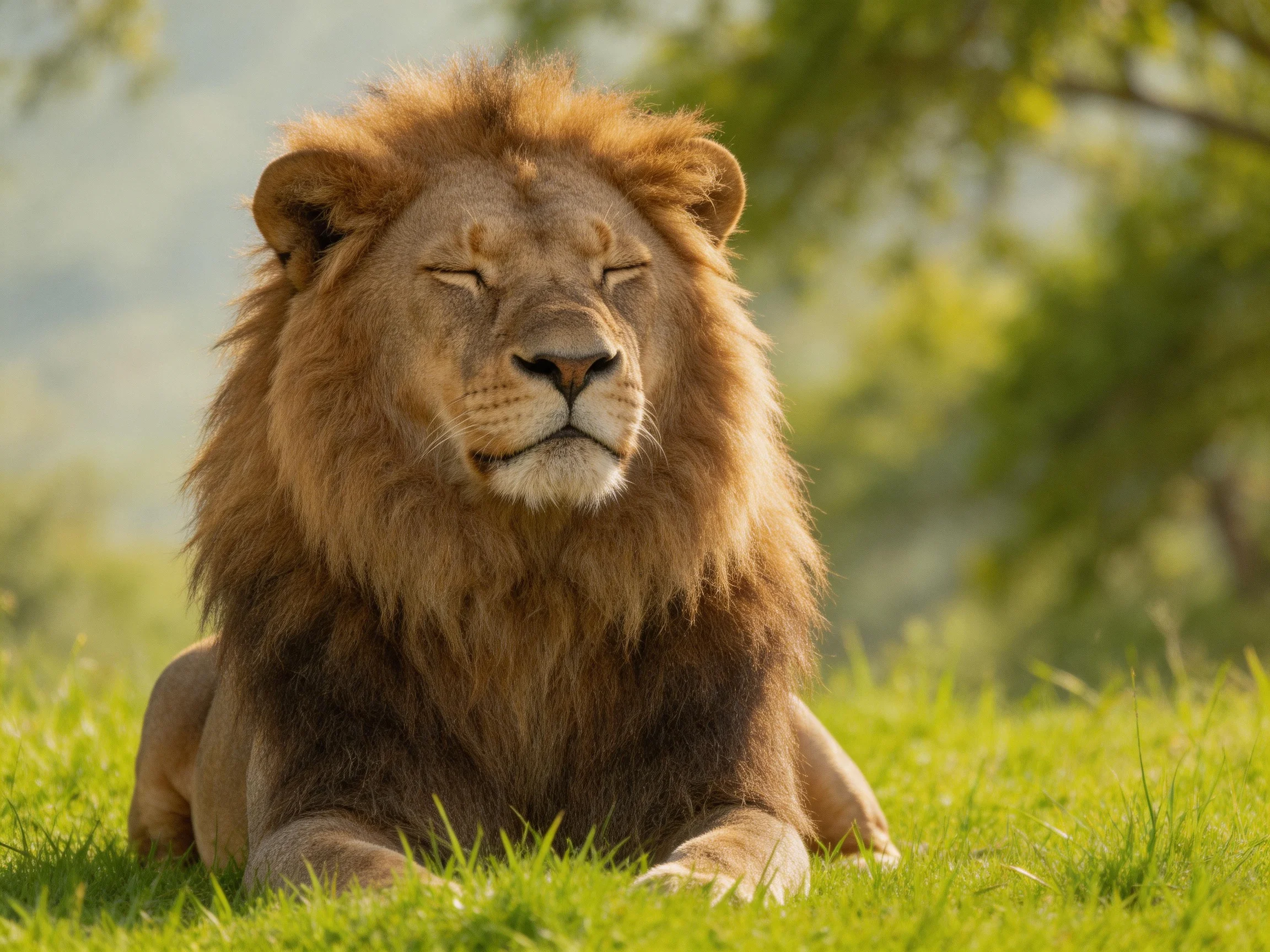 A lion with closed eyes rests peacefully on green grass.