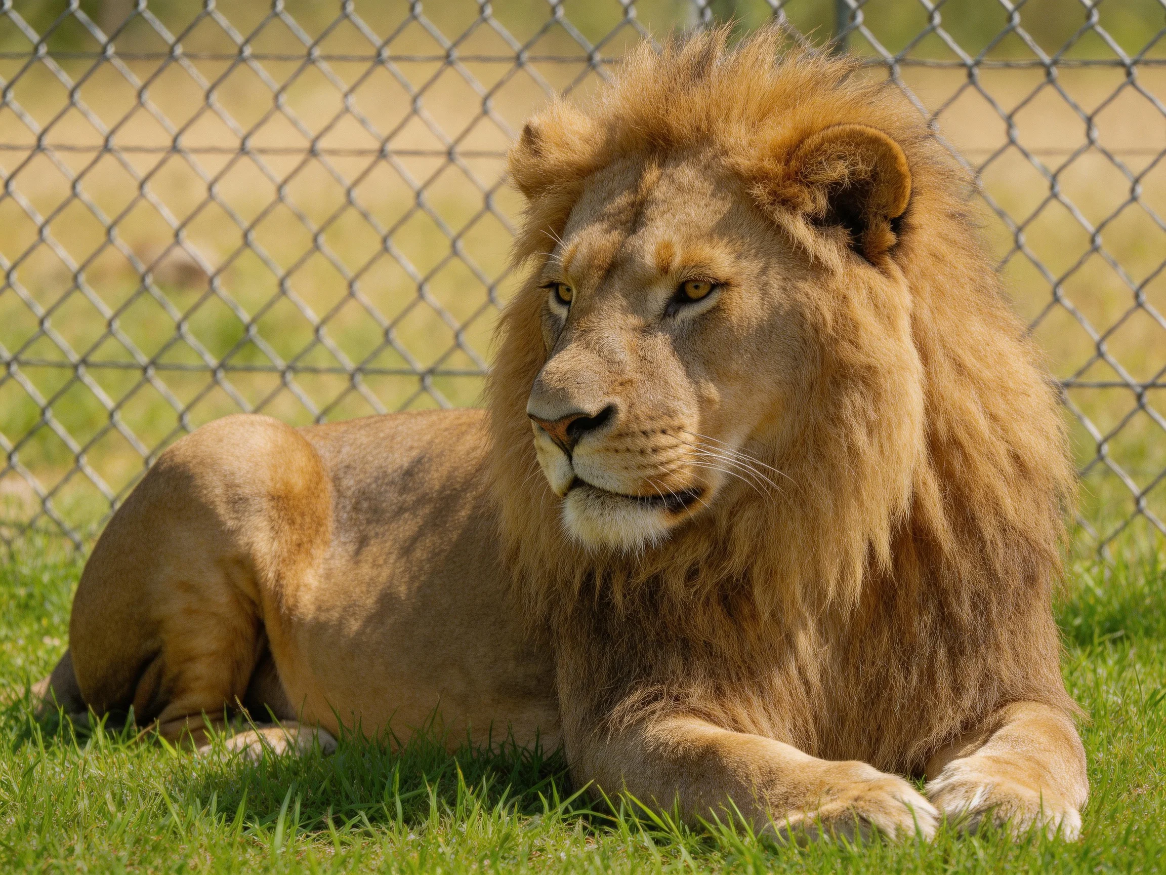 A lion with a thick mane relaxes on grass beside a chain-link fence.
