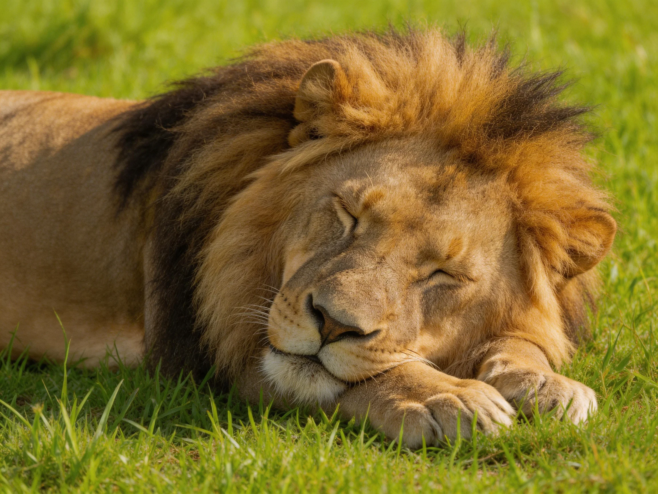 A lion with a golden mane sleeps on green grass.