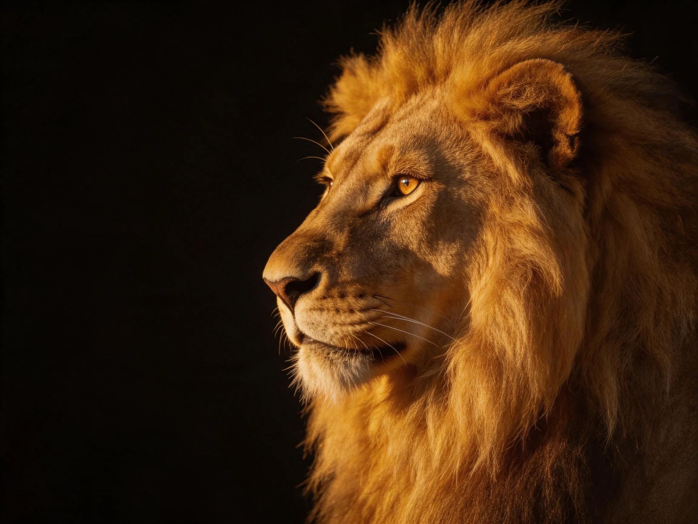 A lion with a thick golden mane stands out against darkness.