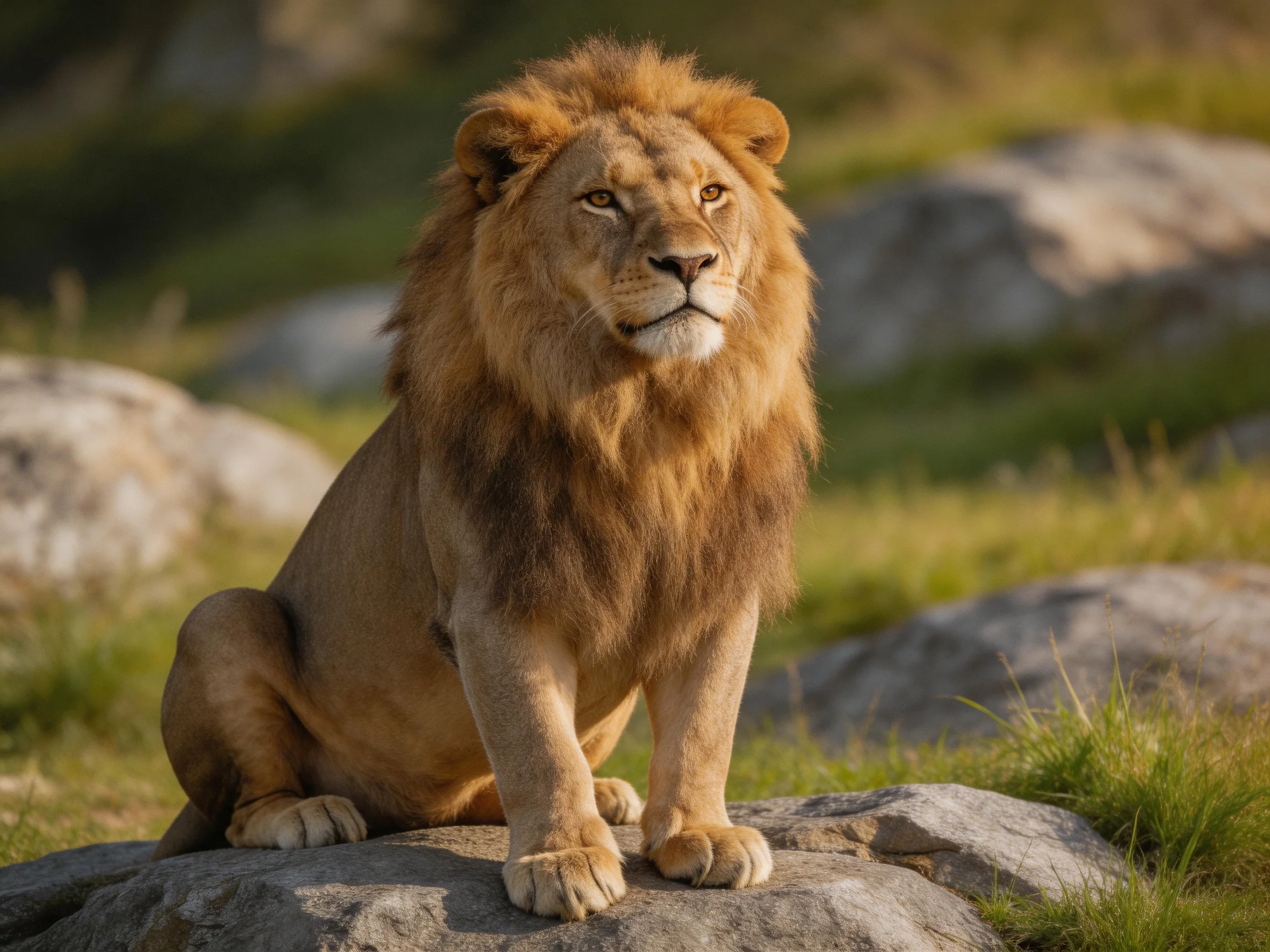 A majestic lion with a thick golden mane sits atop rocks in nature.