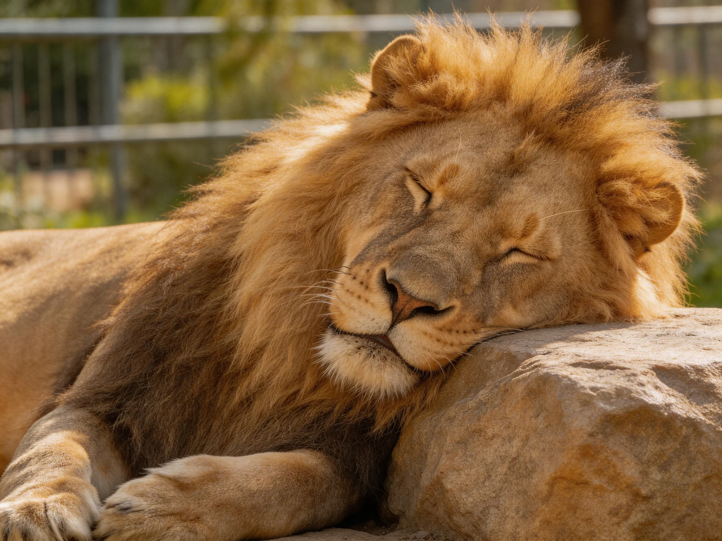 A lion sleepspeacefully while leaning on a rock in bright sunlight.