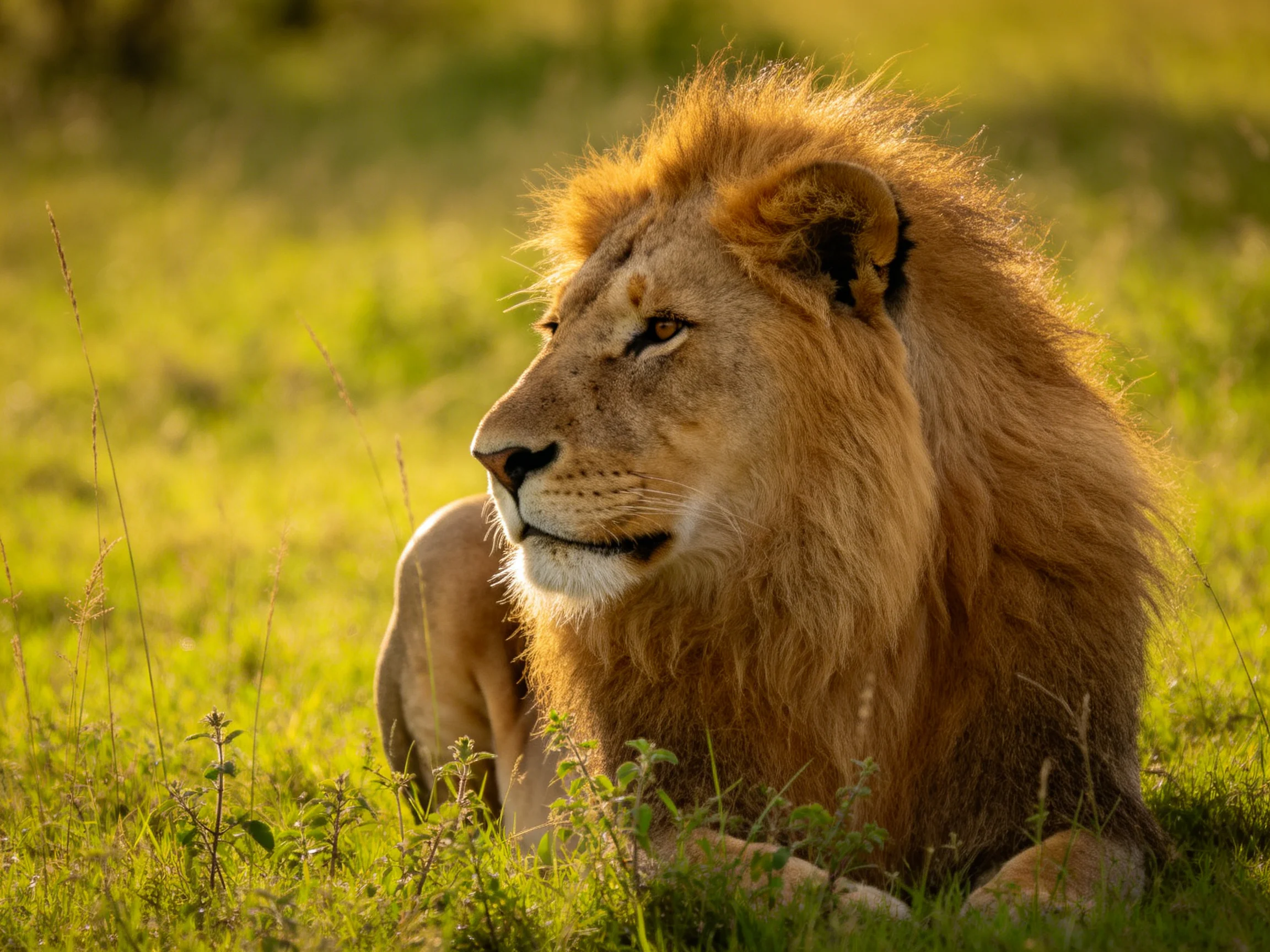 A majestic lion rests peacefully in sunlit grass.