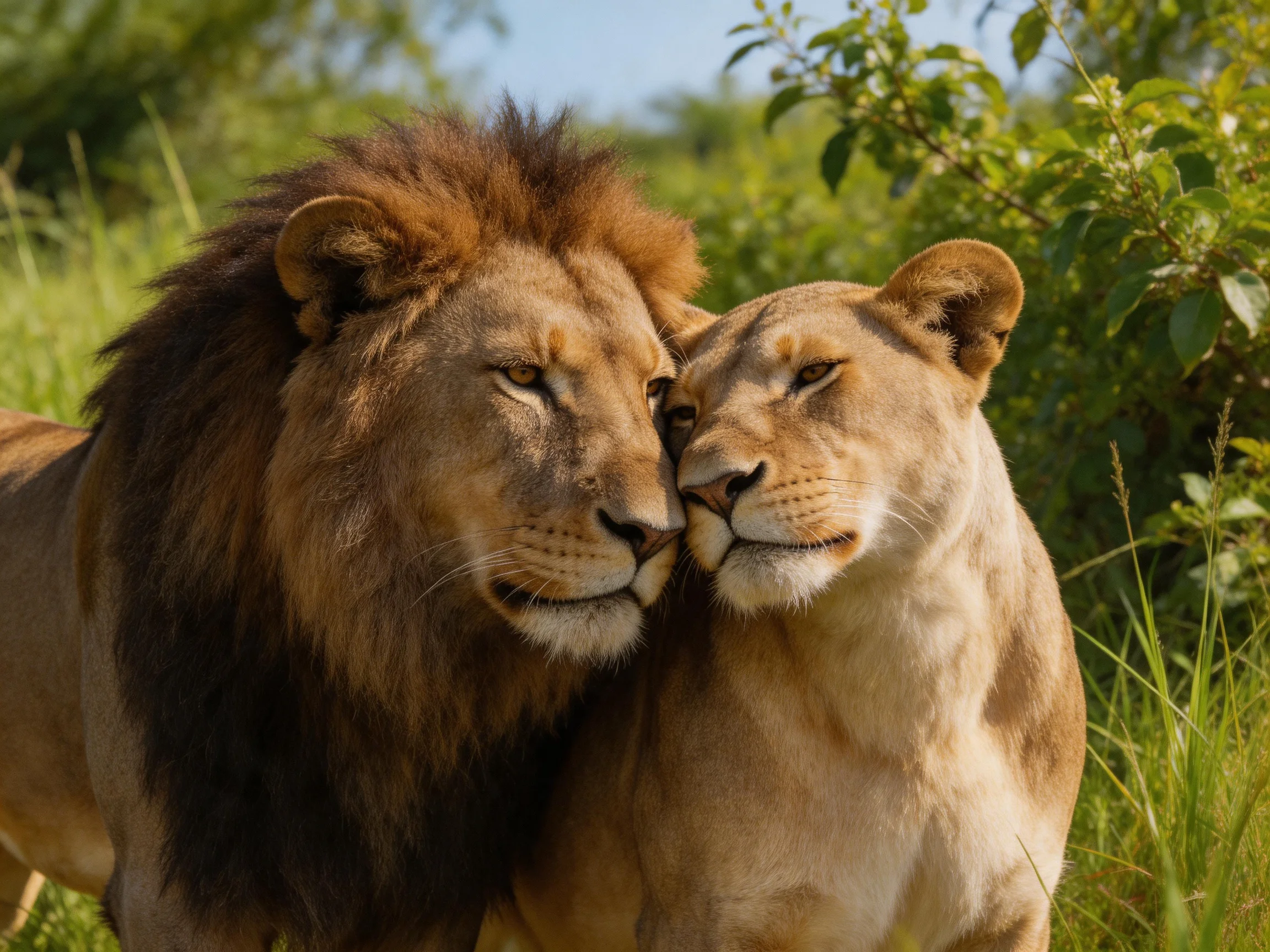 Dark-maned lion and tawny lioness nuzzle in lush greenery