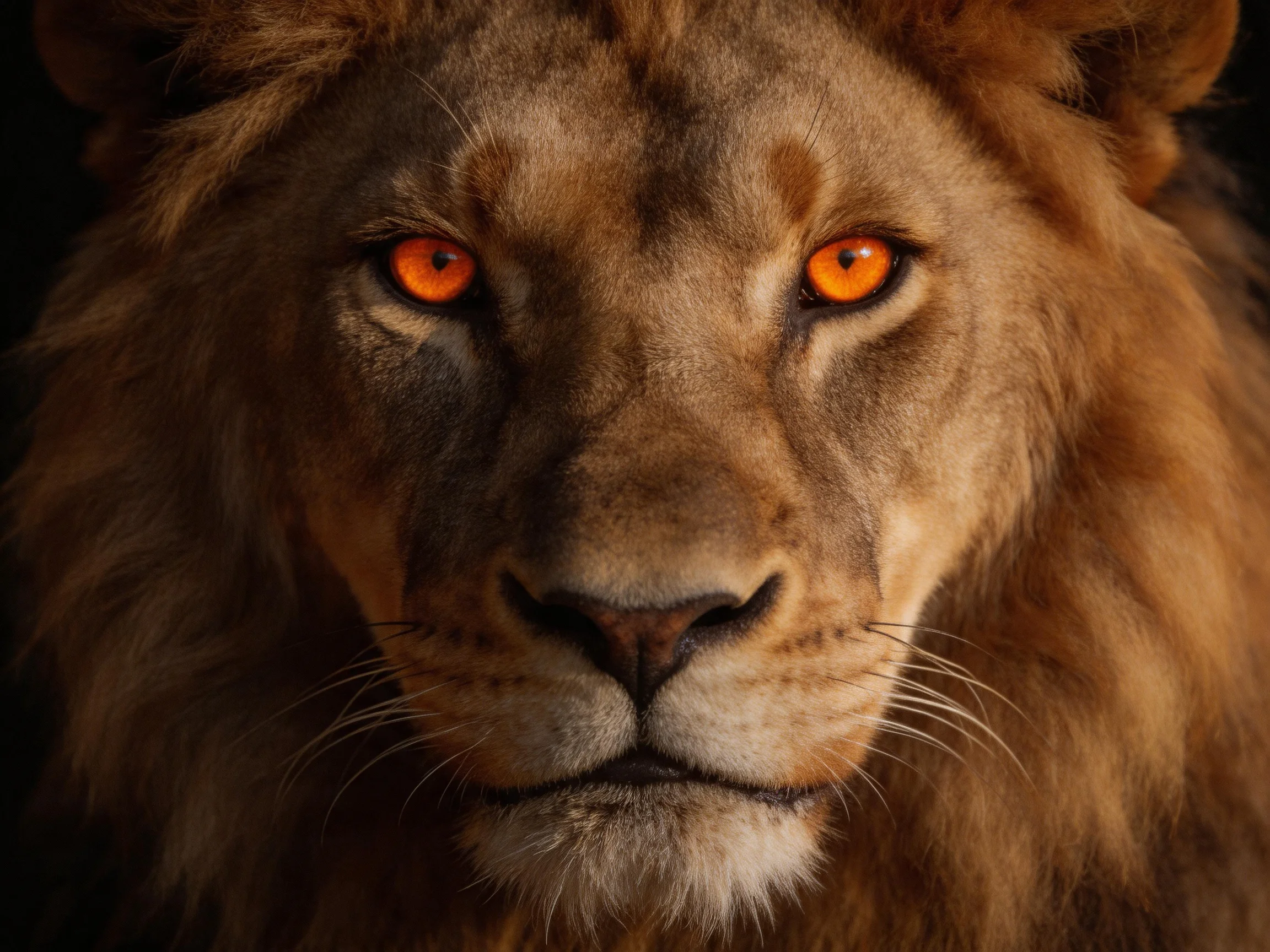 A close - up of a lion with striking orange eyes and a thick mane