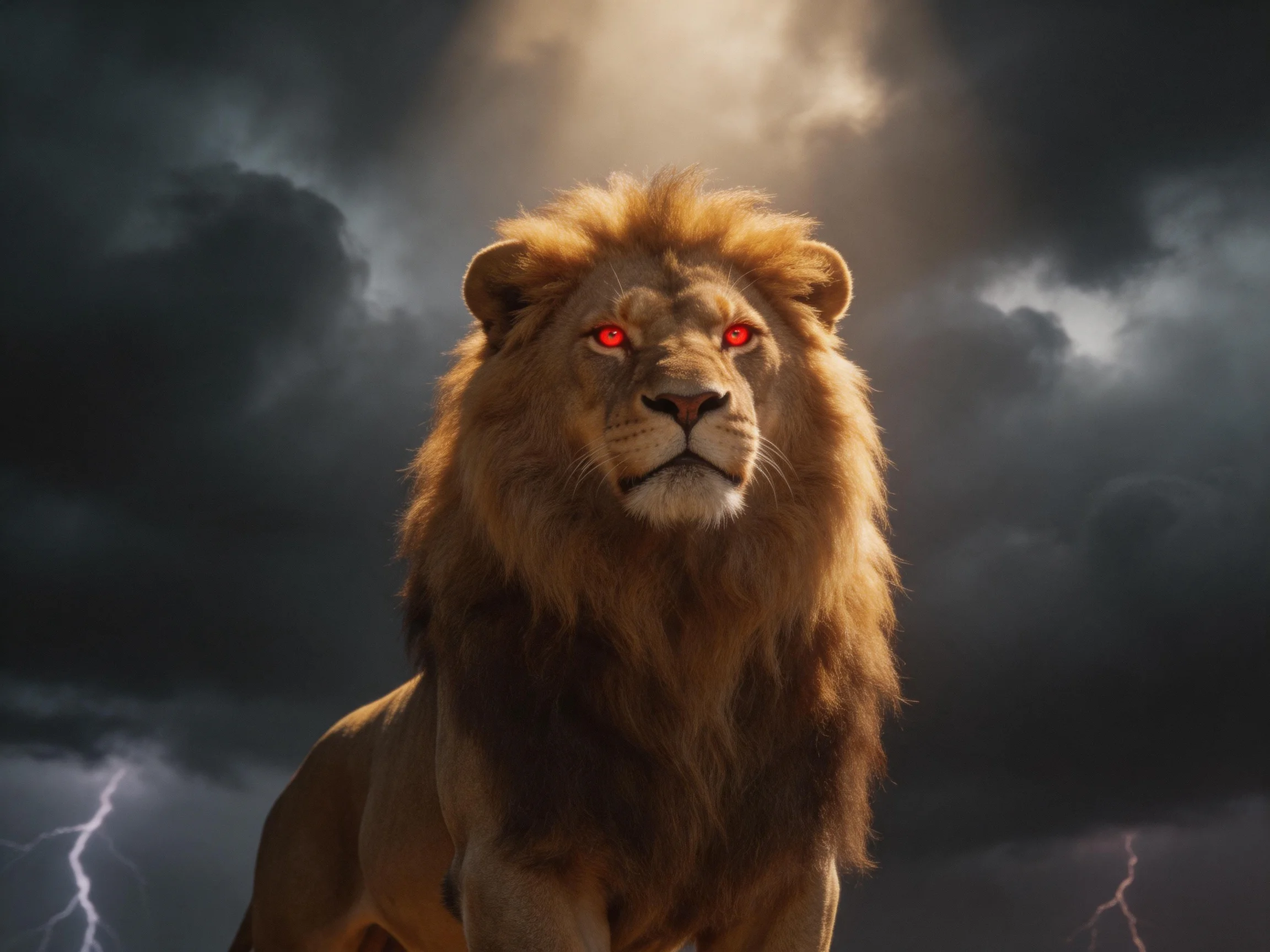 A lion with red eyes stands amid dark clouds and lightning.