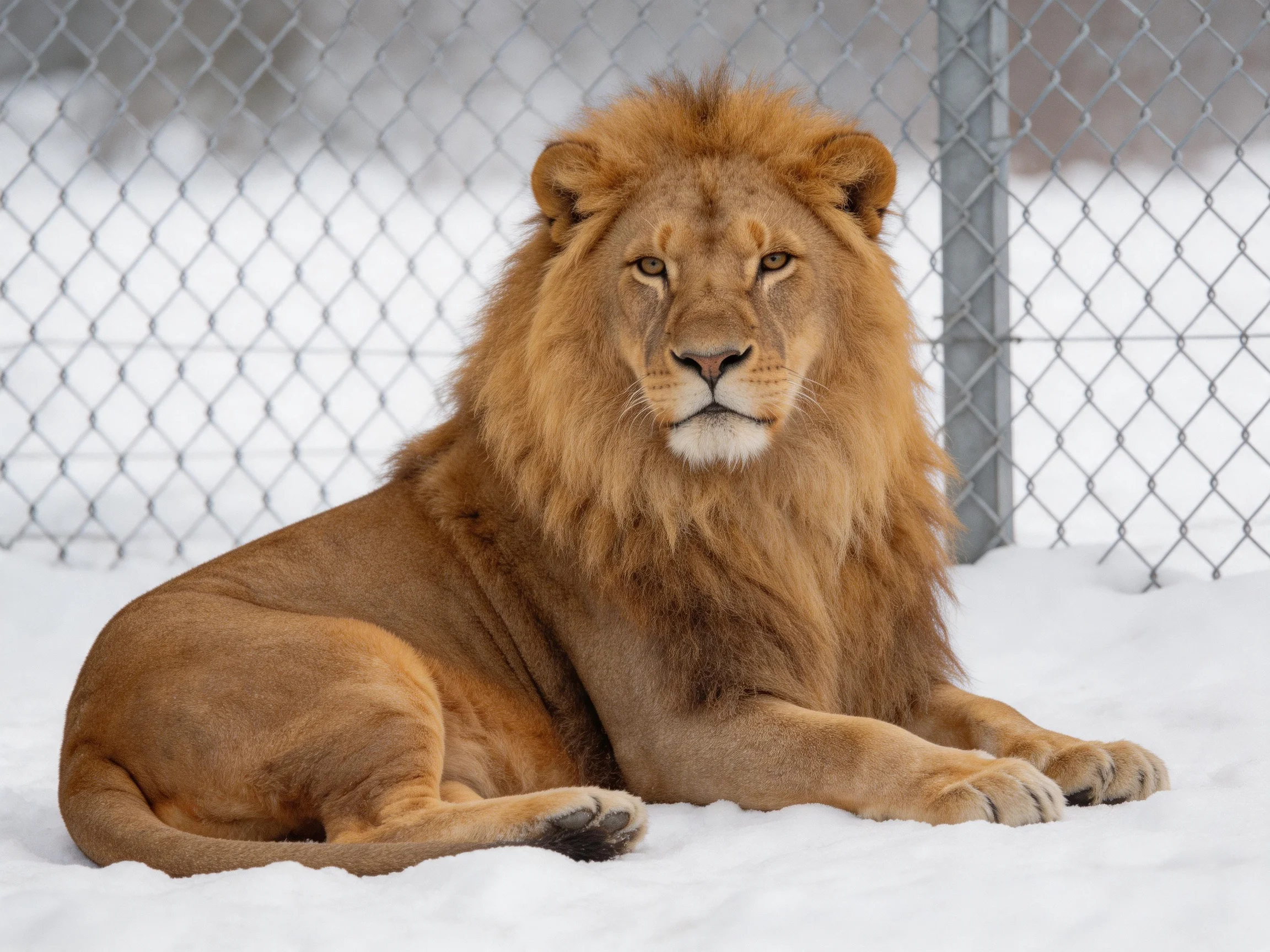 A majestic lion with golden-brown fur rests in snowy surroundings