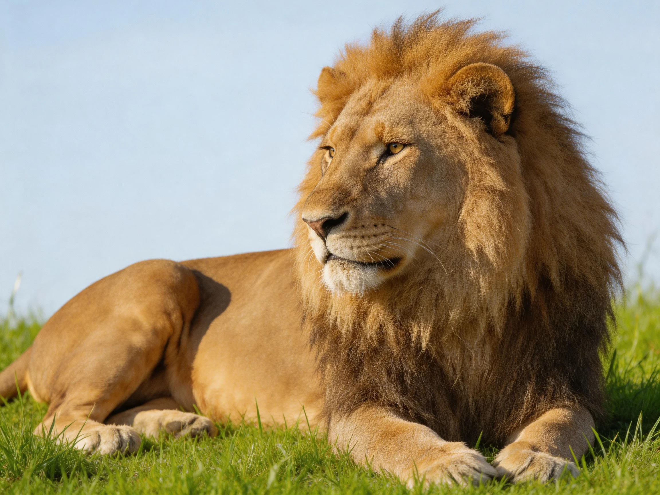 A majestic lion with golden-brown fur rests on lush green grass