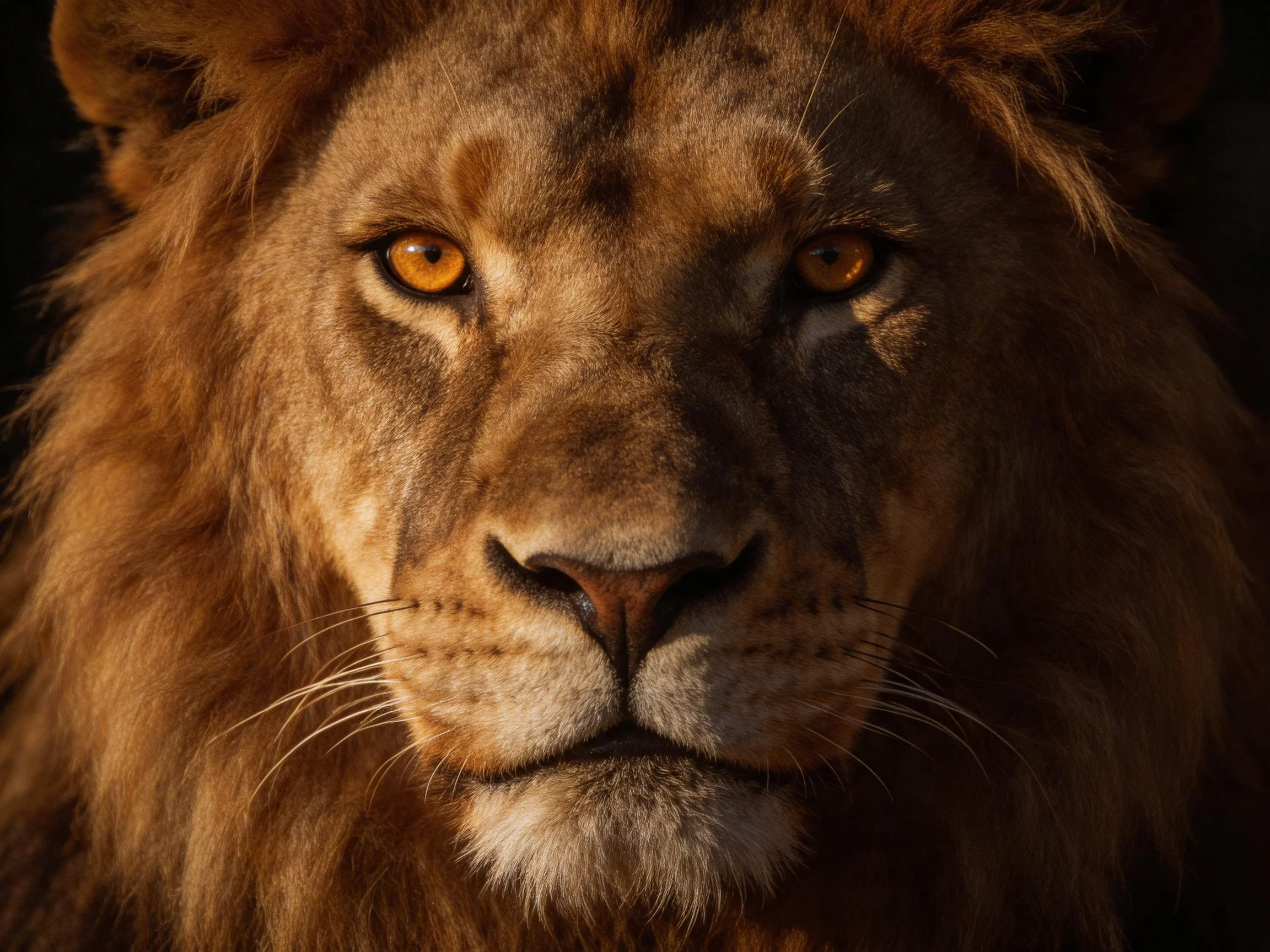 A majestic lion with golden-brown mane and amber eyes