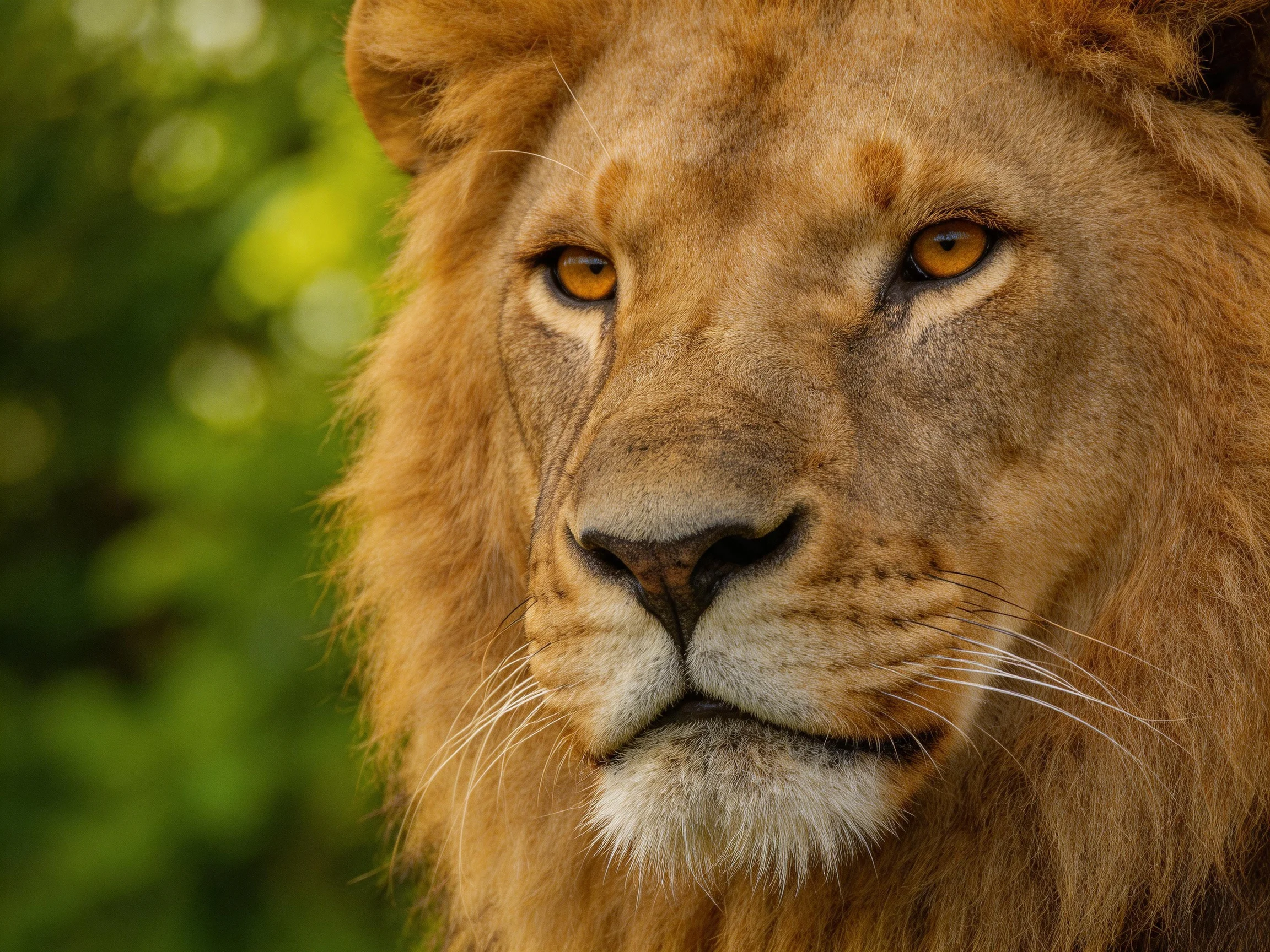 A majestic lion with golden-brown mane in lush green surroundings
