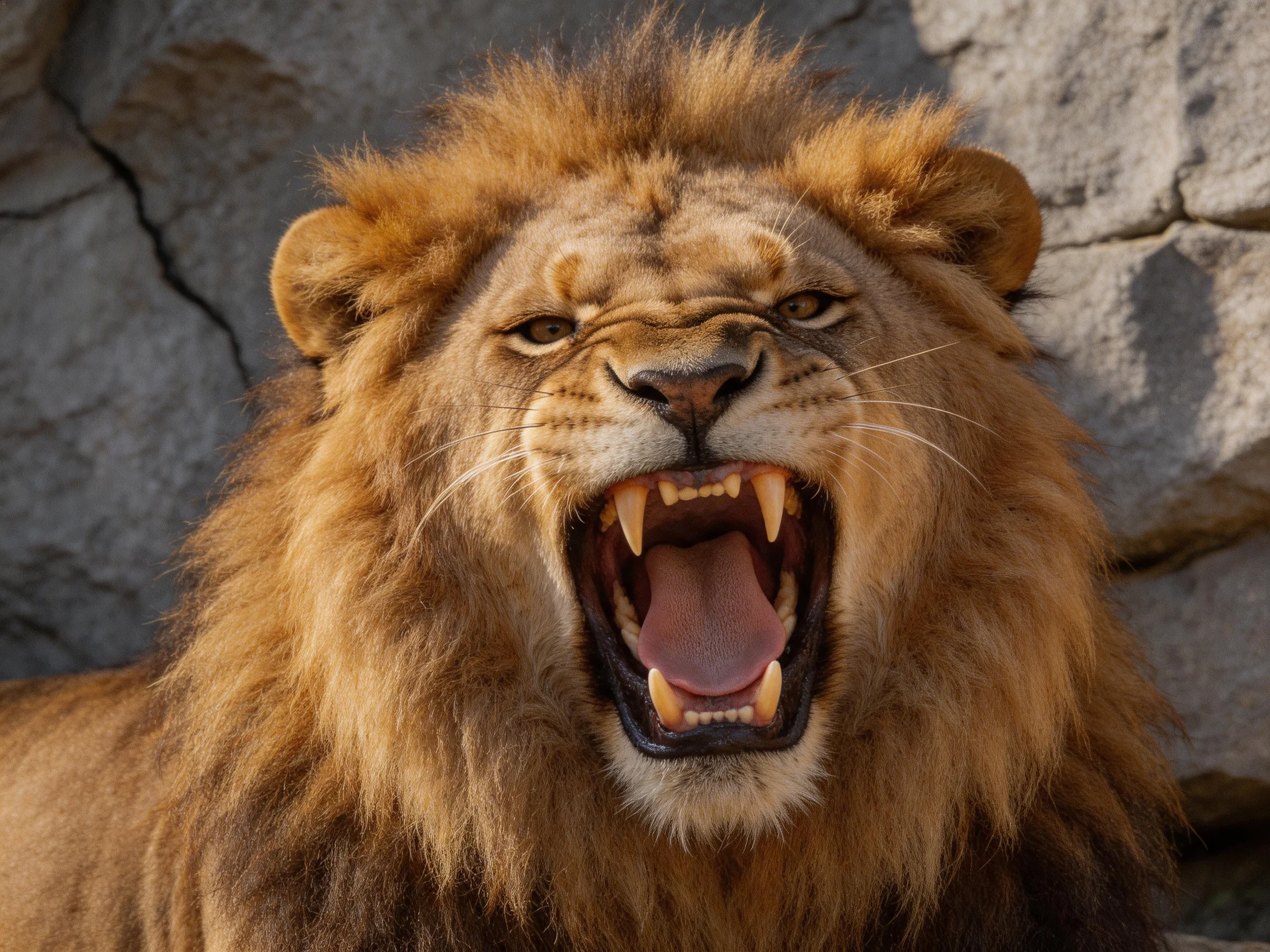 A majestic lion roars with mouth open beside a gray stone wall.