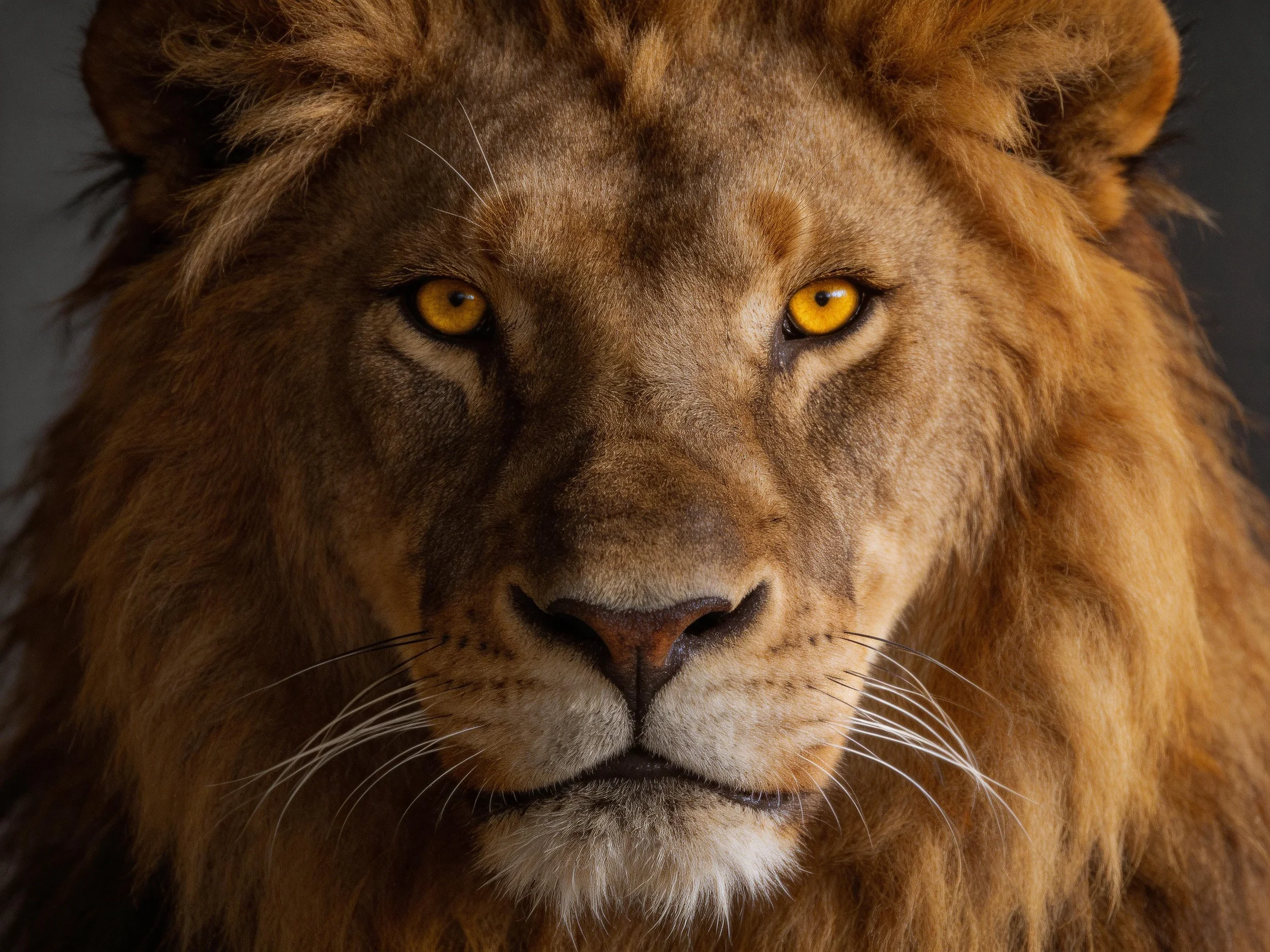 A close - up of a lion with golden eyes and a thick brown mane.