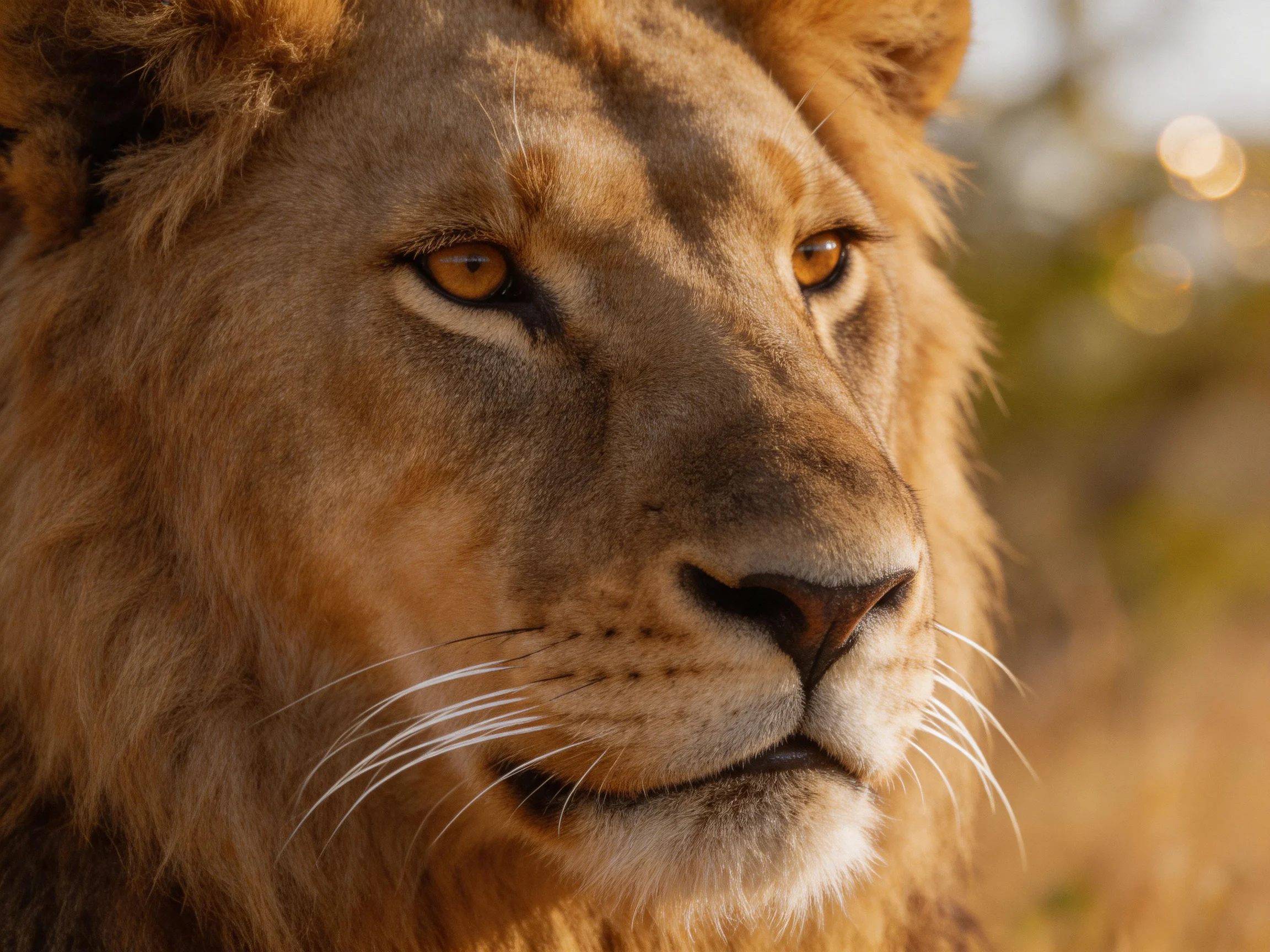 Close - up of a lion with golden fur in sunlit surroundings.