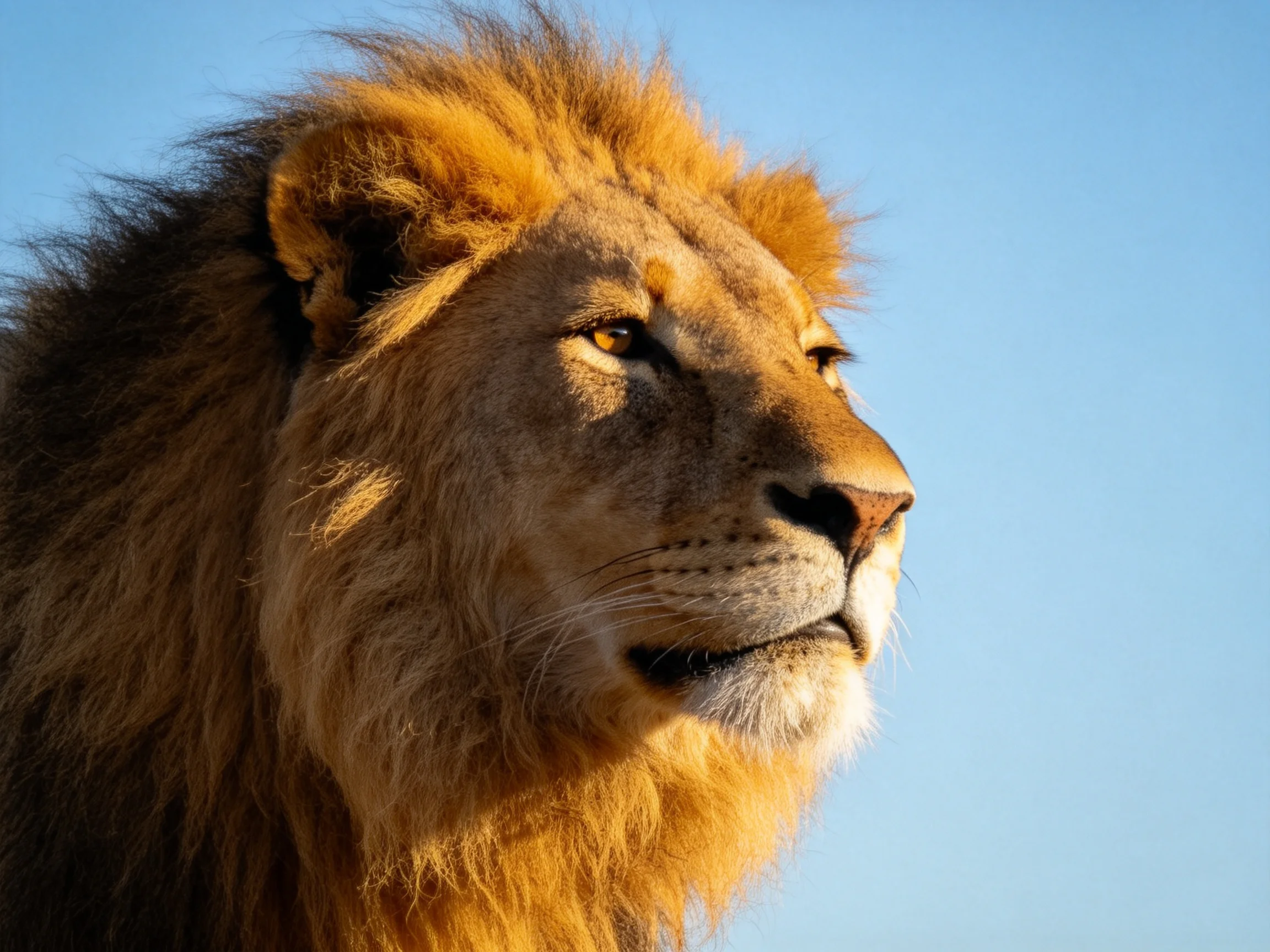 A majestic lion with golden mane stands out against a clear blue sky.
