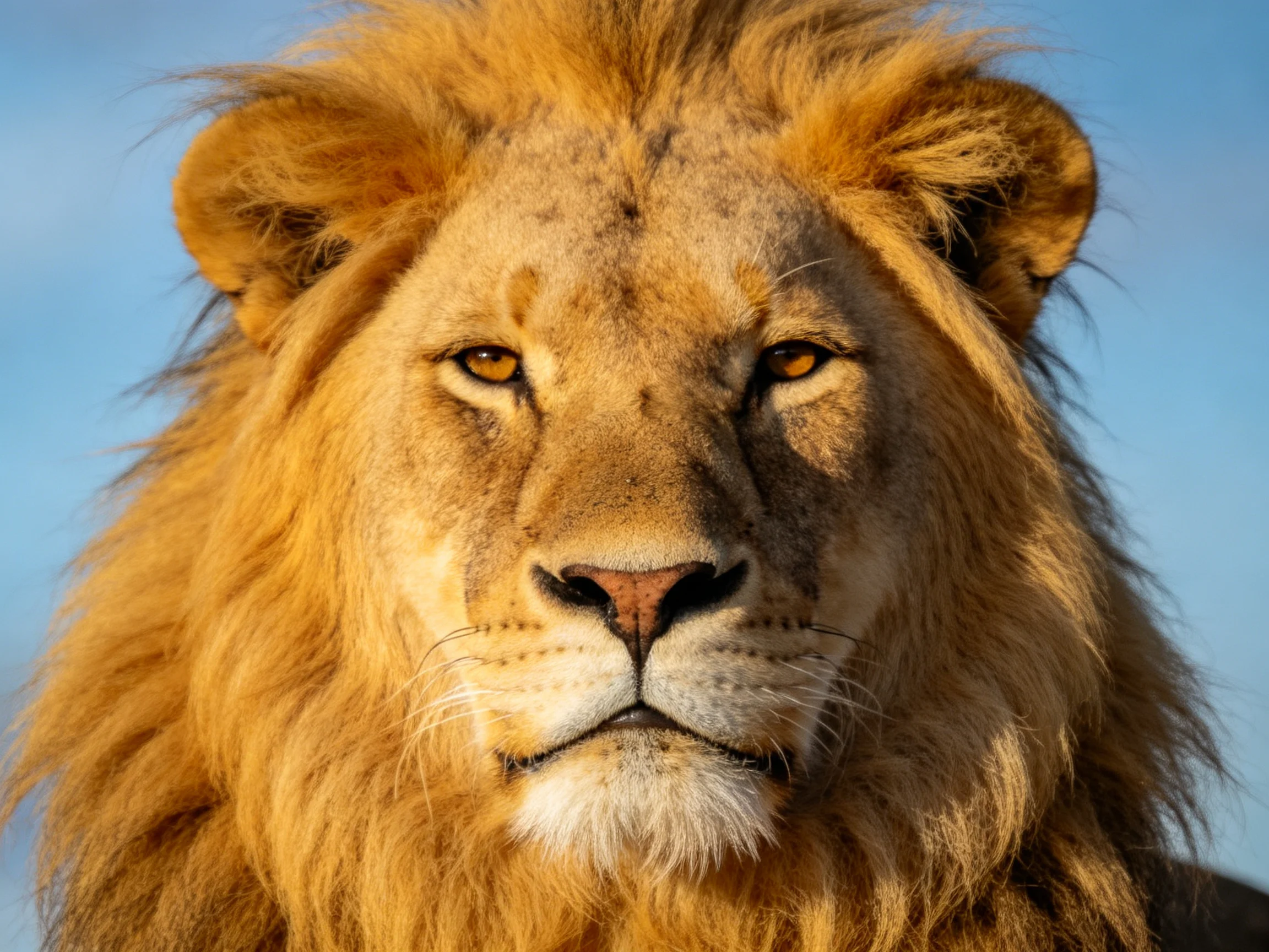 A close - up of a lion with golden mane set against a bright blue sky.