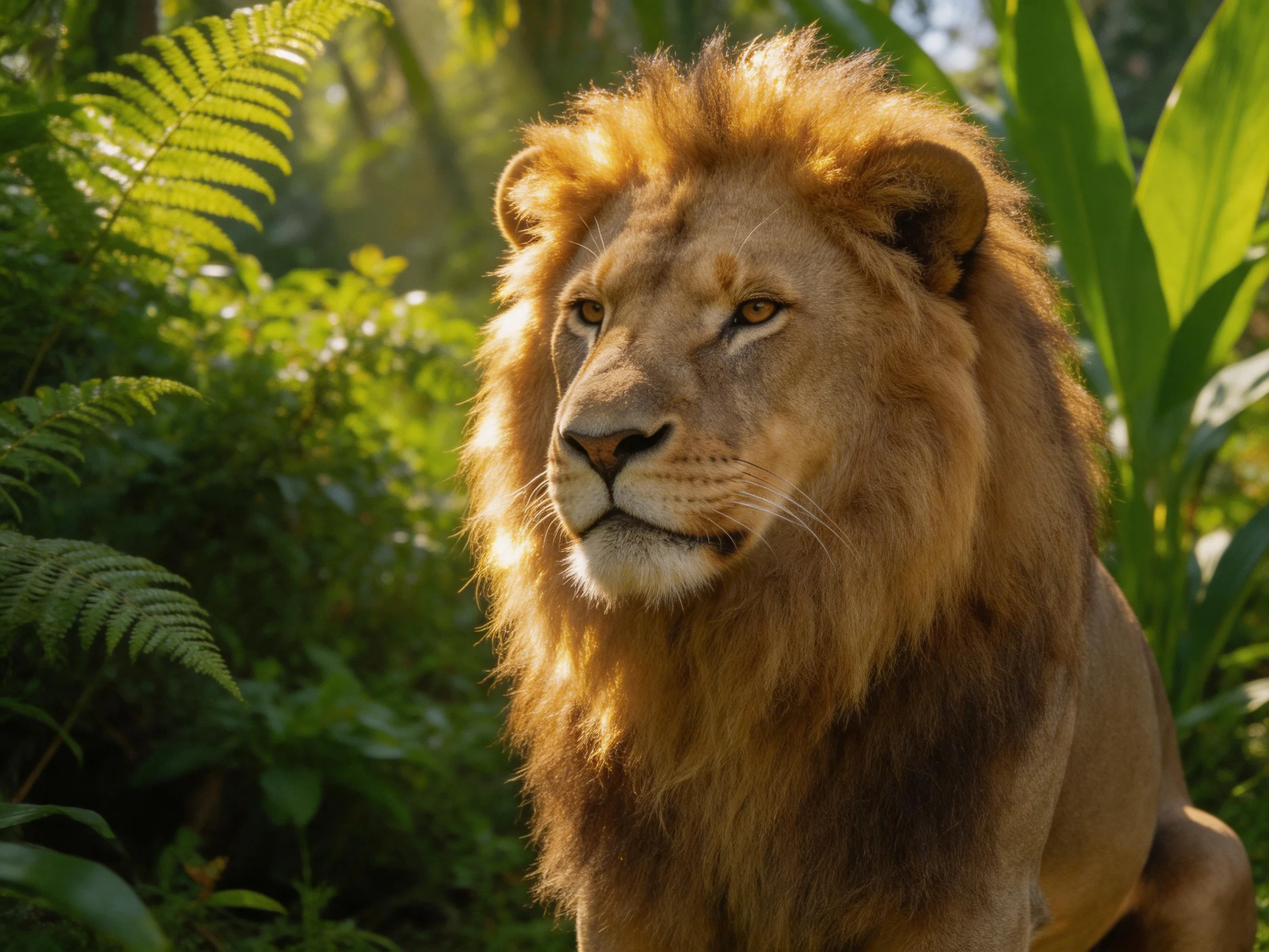 A lion with a thick golden mane stands among dense green vegetation.