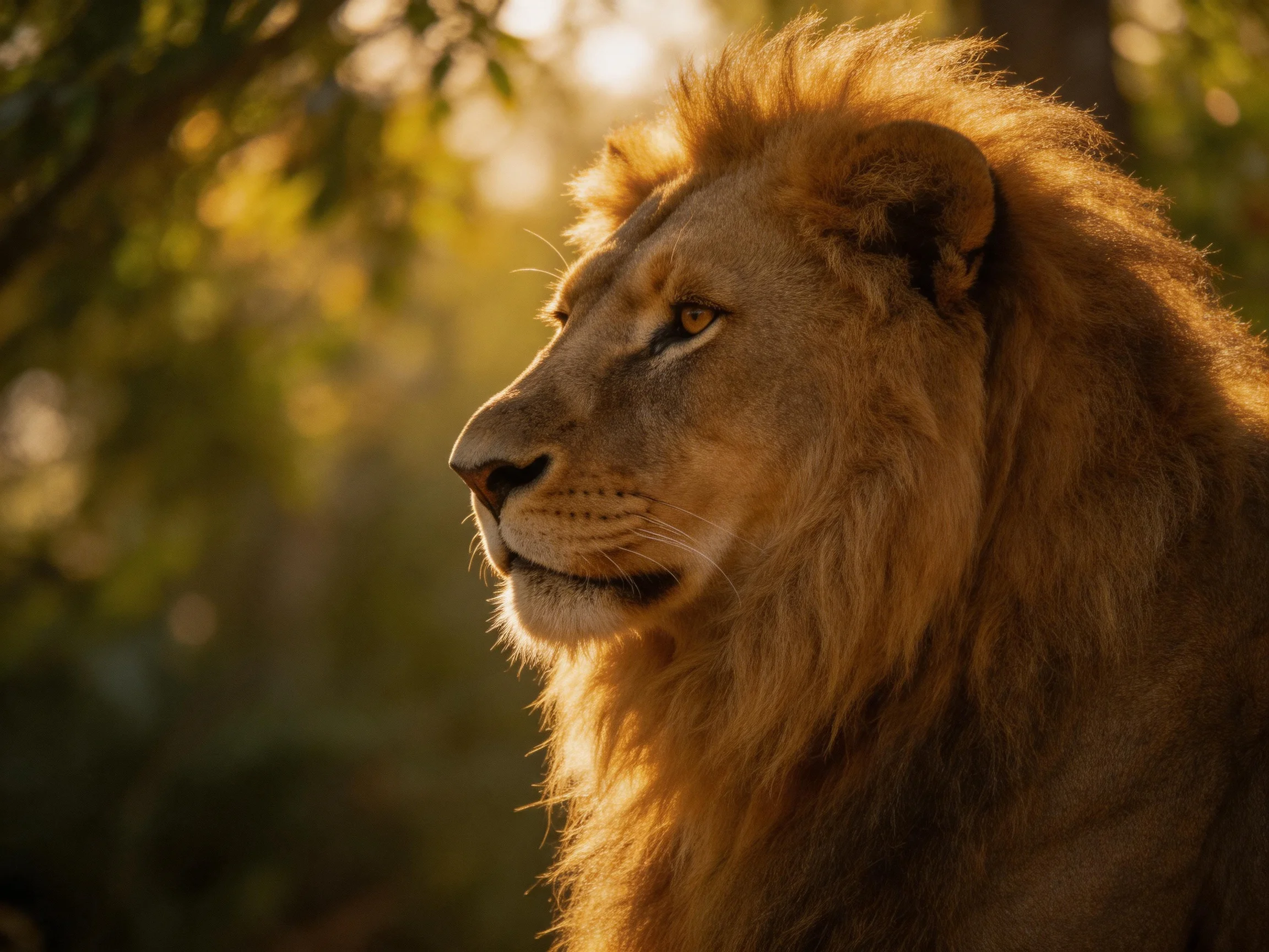 A majestic lion is illuminated by warm sunlight, highlighting its golden mane.
