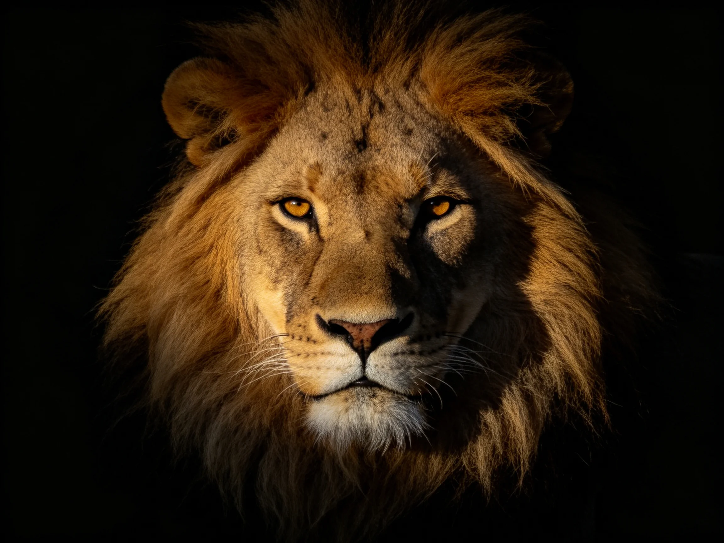 A close - up portrait of a lion with golden fur and intense eyes against a dark setting.