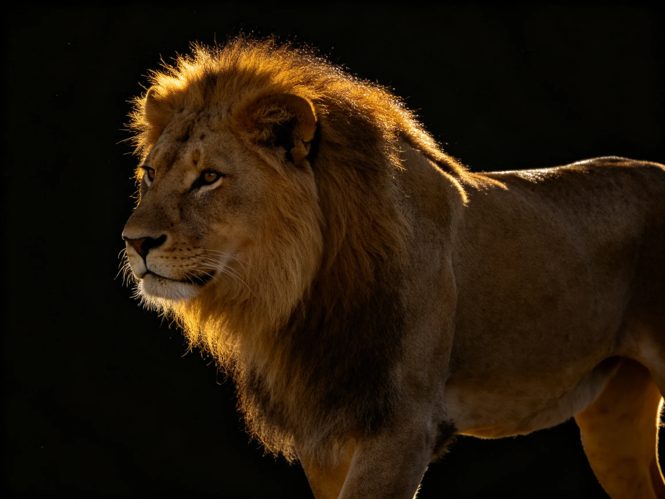 A lion’s dramatic lighting highlights its presence against a dark backdrop.