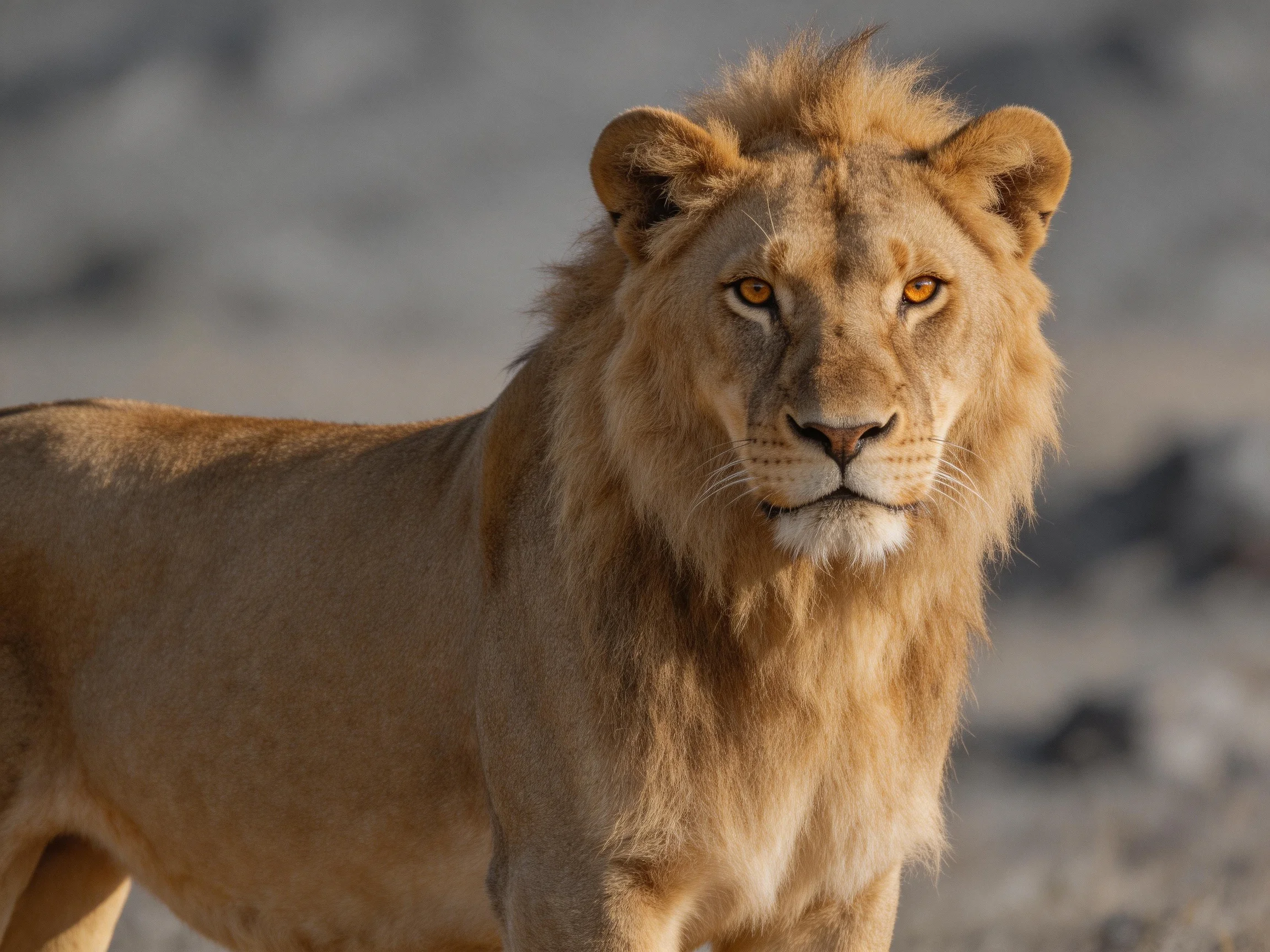 A lion stands alert in a blurred, dry landscape.