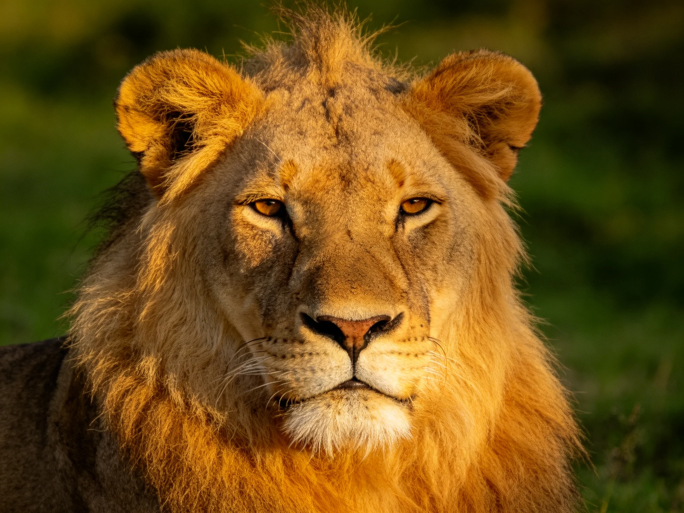 A lion with golden mane rests in a sunlit green setting.
