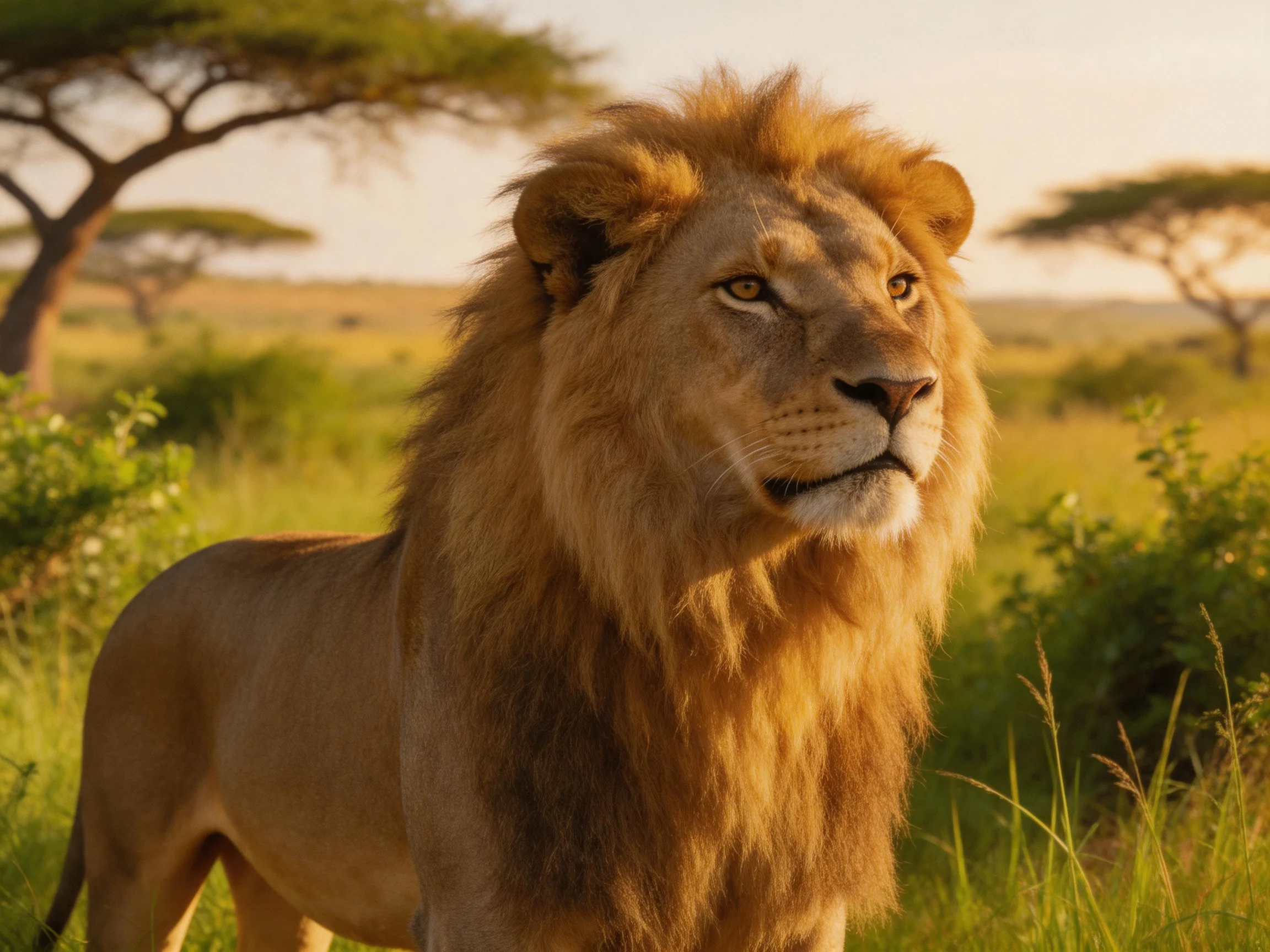 A lion with golden mane observes the savannah landscape.