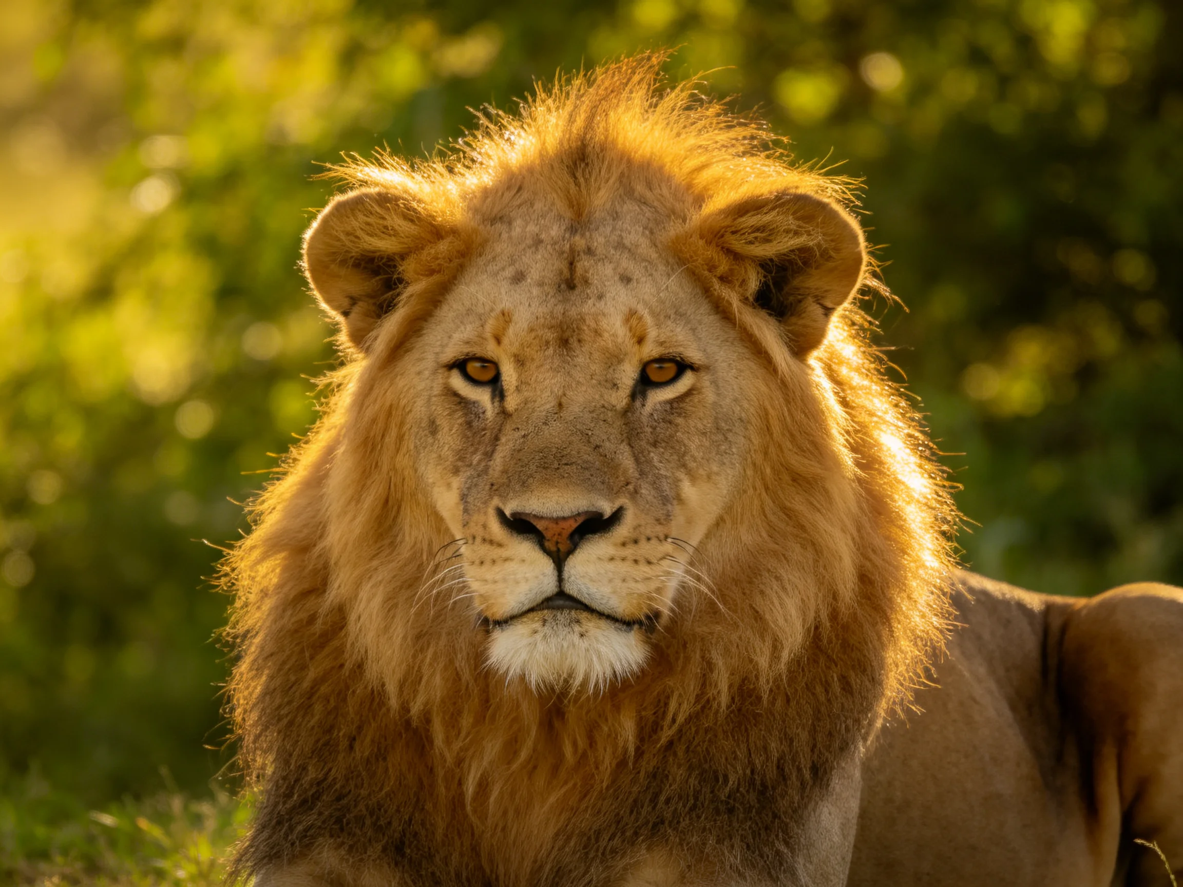 A majestic lion with golden mane rests amid sunlit greenery.