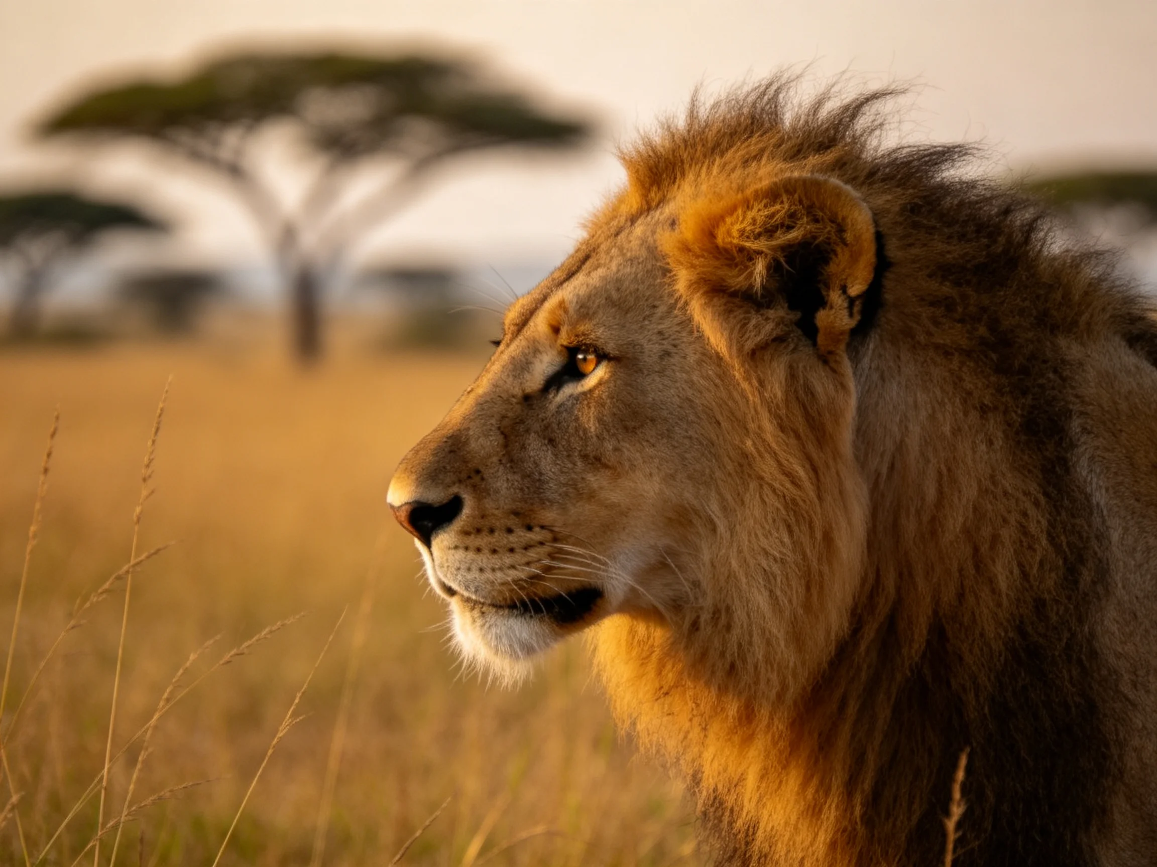 A majestic lion gazes over sunlit savannah grasslands.