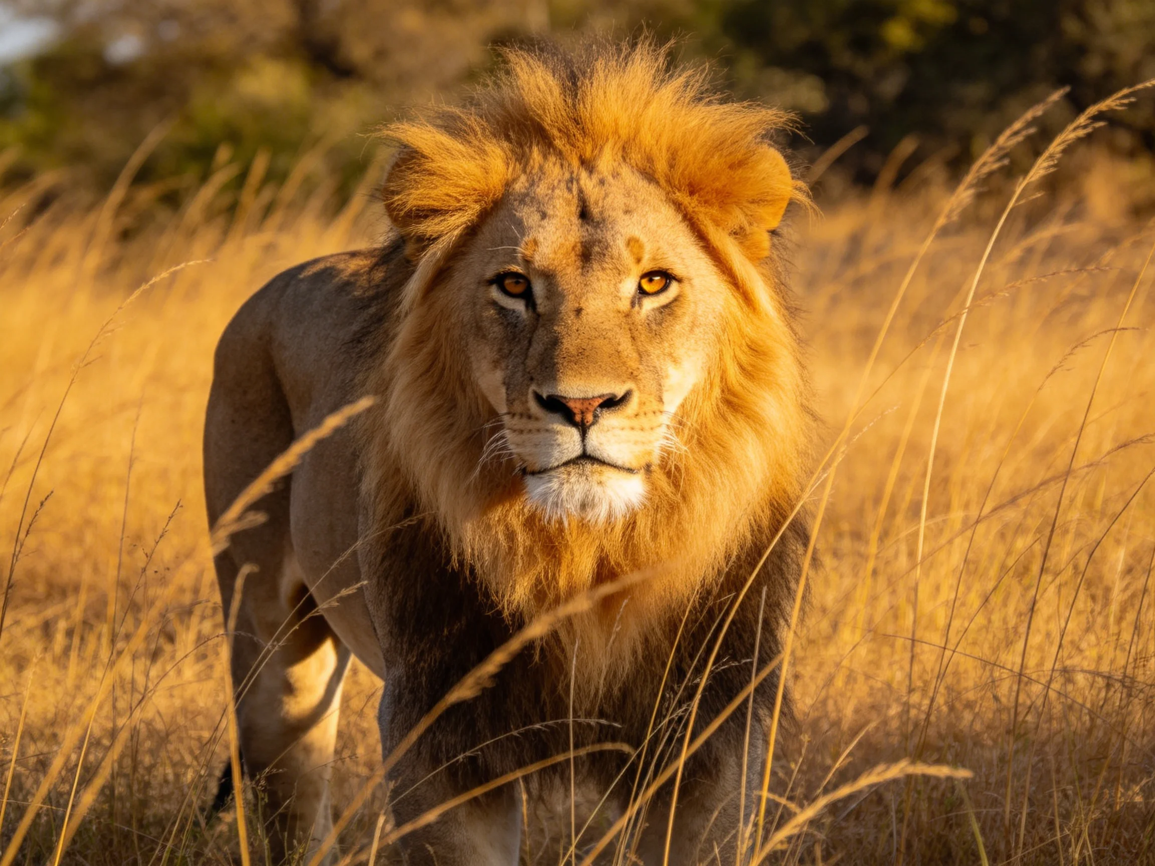 A lion stands in tall golden grass under warm sunlight.