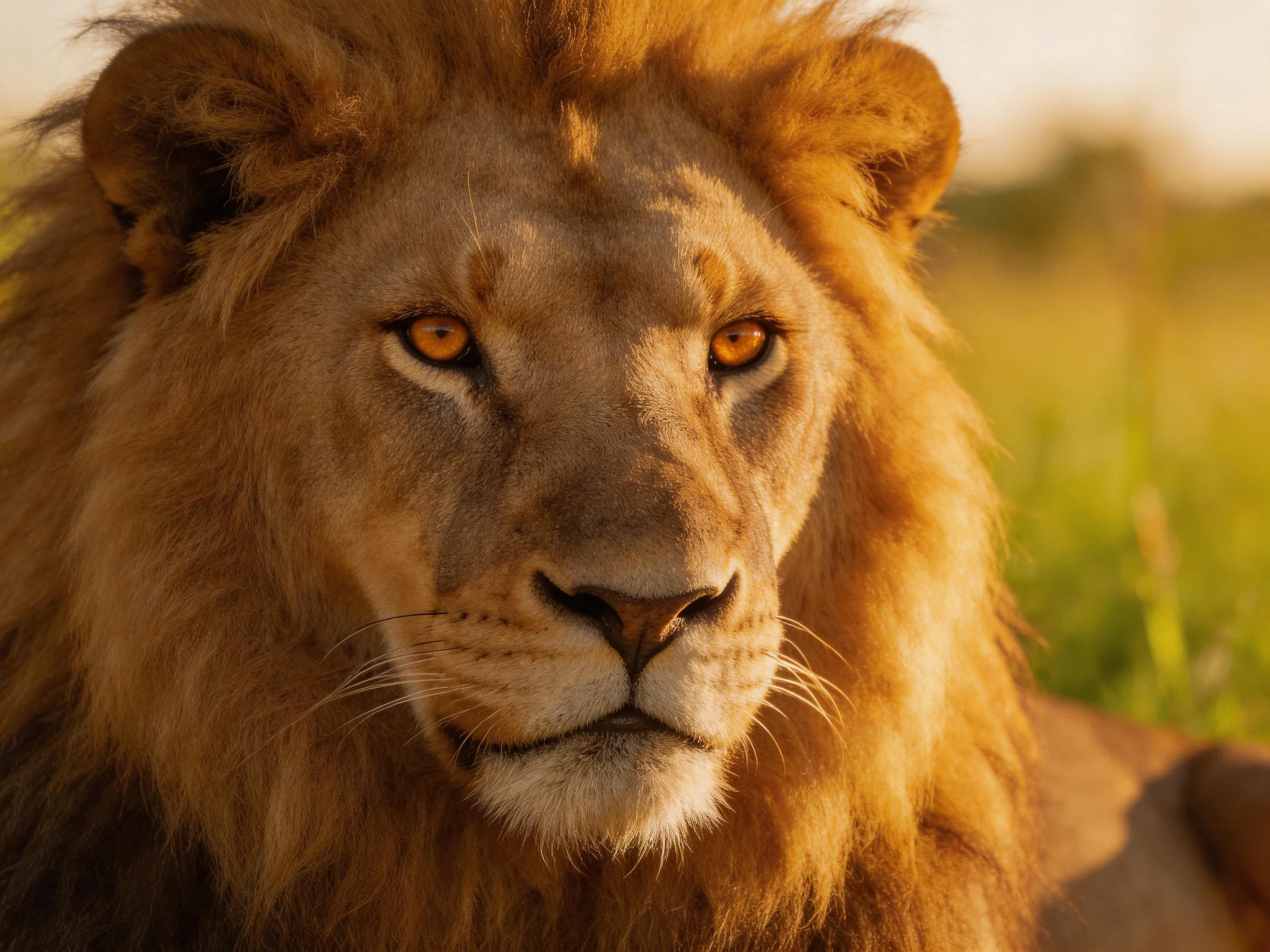 A majestic lion rests in a sunlit savannah.