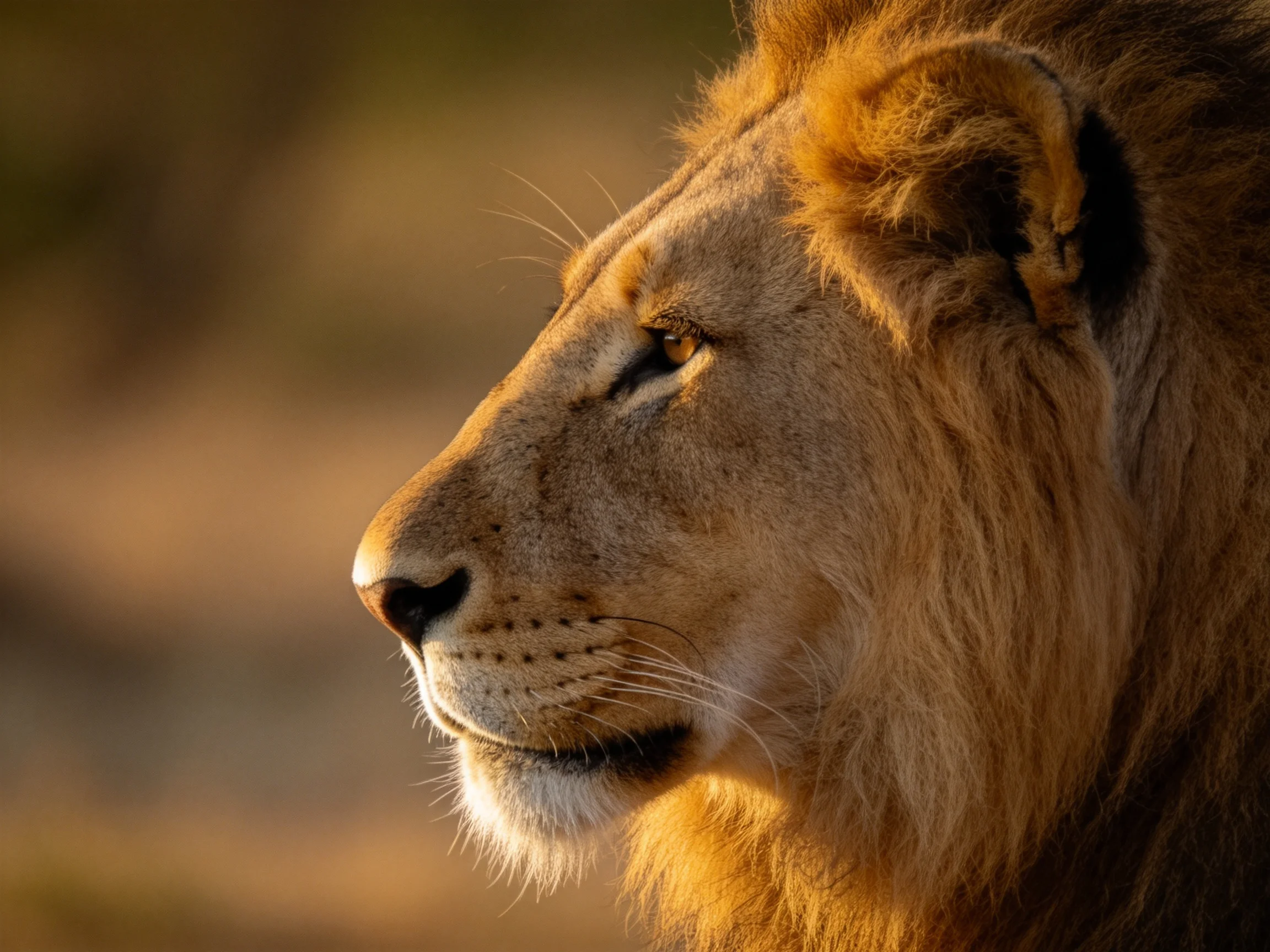 A close - up view of a lion with a golden mane in a softly blurred natural environment.