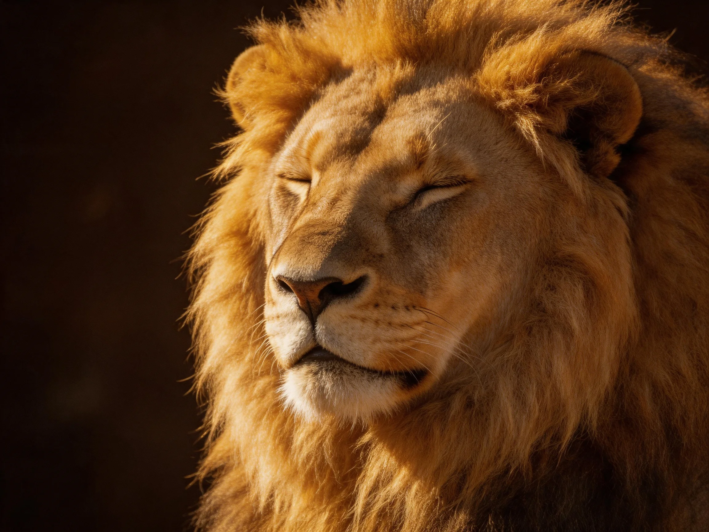 A lion rests peacefully with closed eyes in a dim setting.