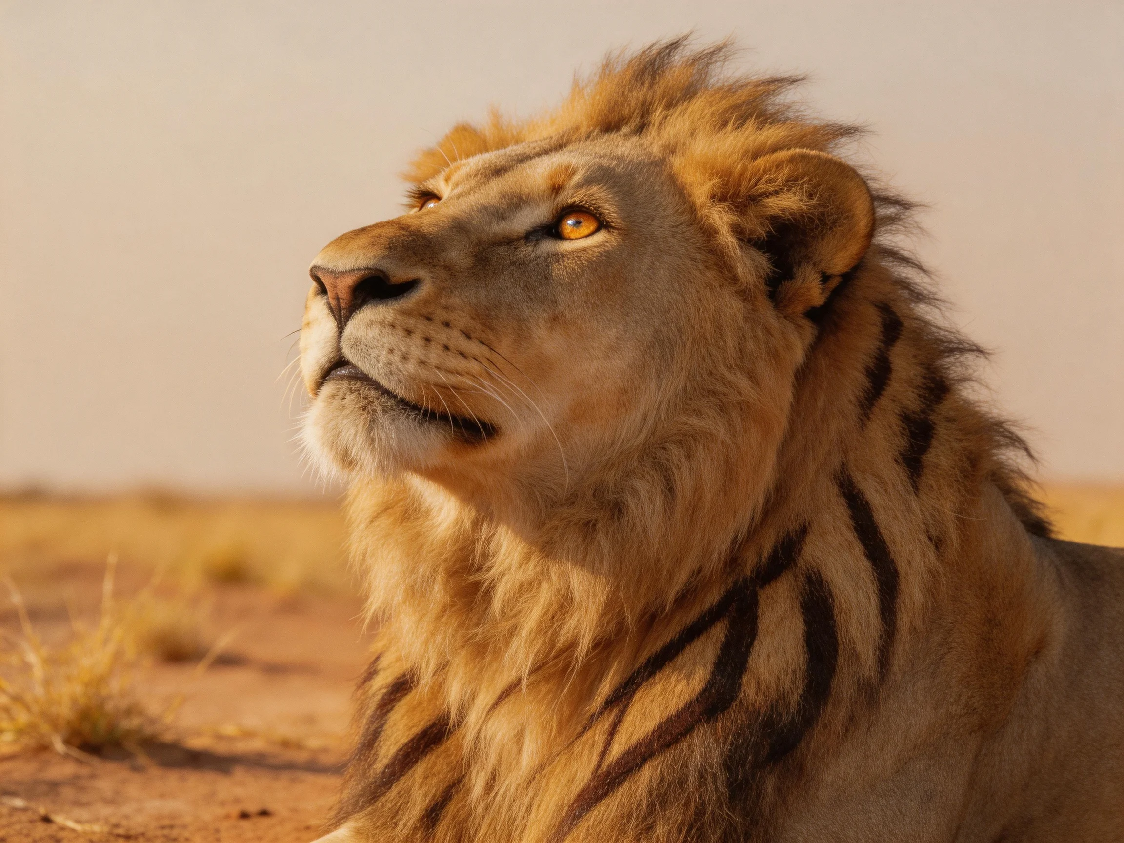 A majestic lion rests in a dry savannah landscape.