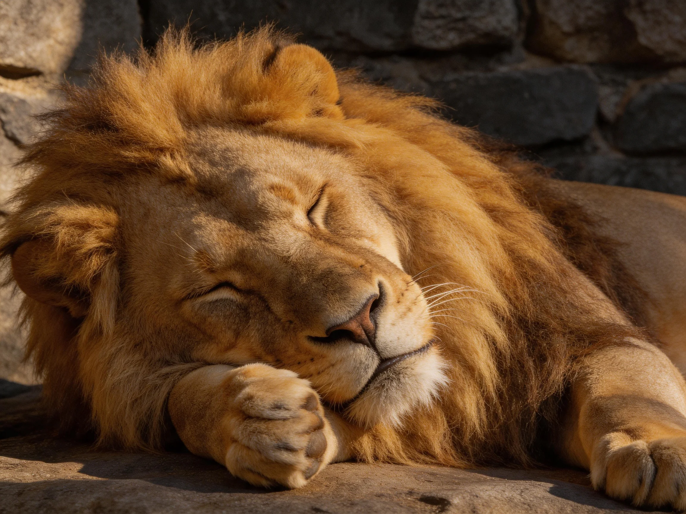 A lion rests peacefully with eyes closed on a stone ledge.